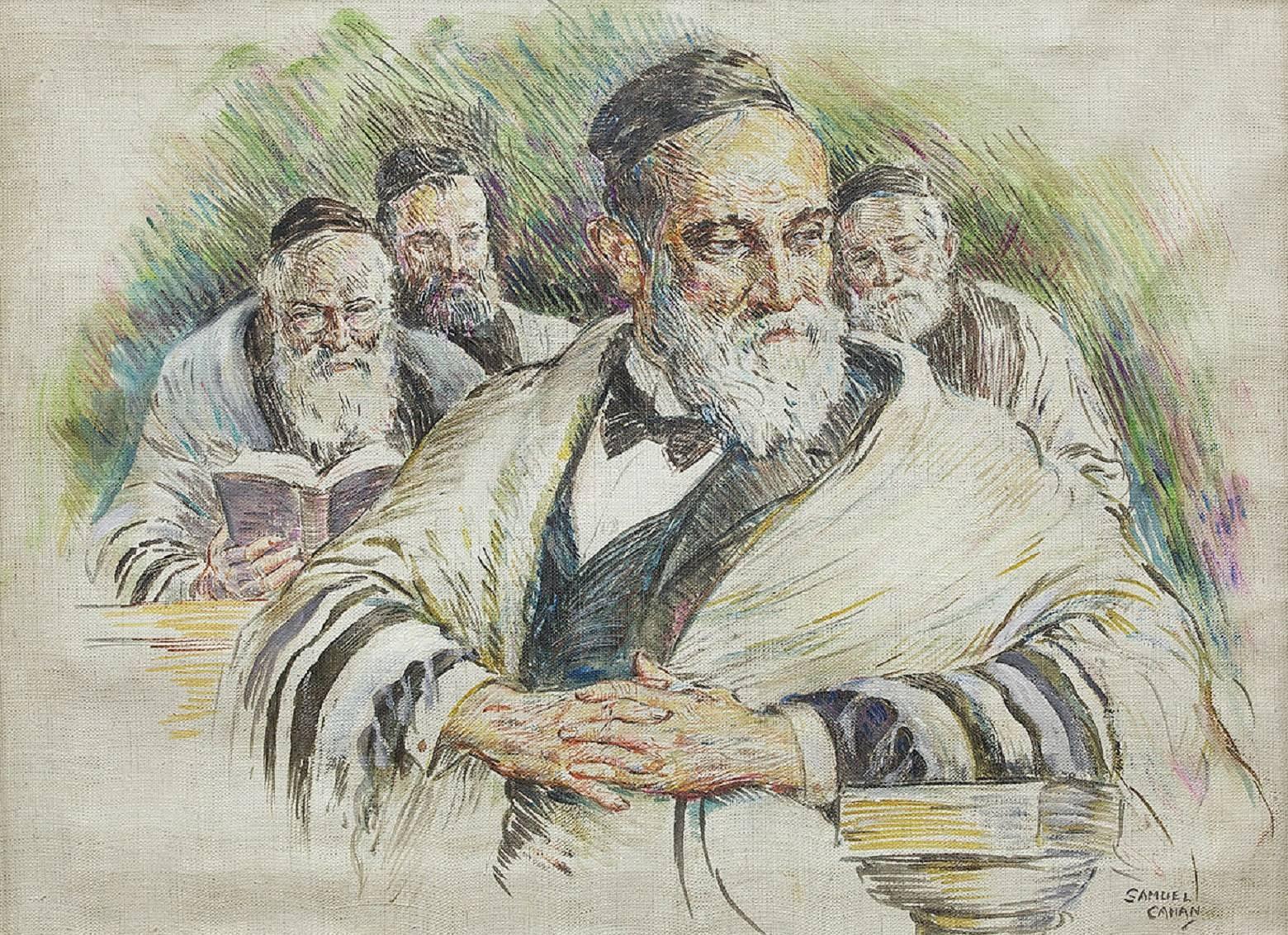 Vintage Illustration Judaica Painting, The Rabbi's (Men at Prayers) - Brown Figurative Painting by Samuel George Cahan