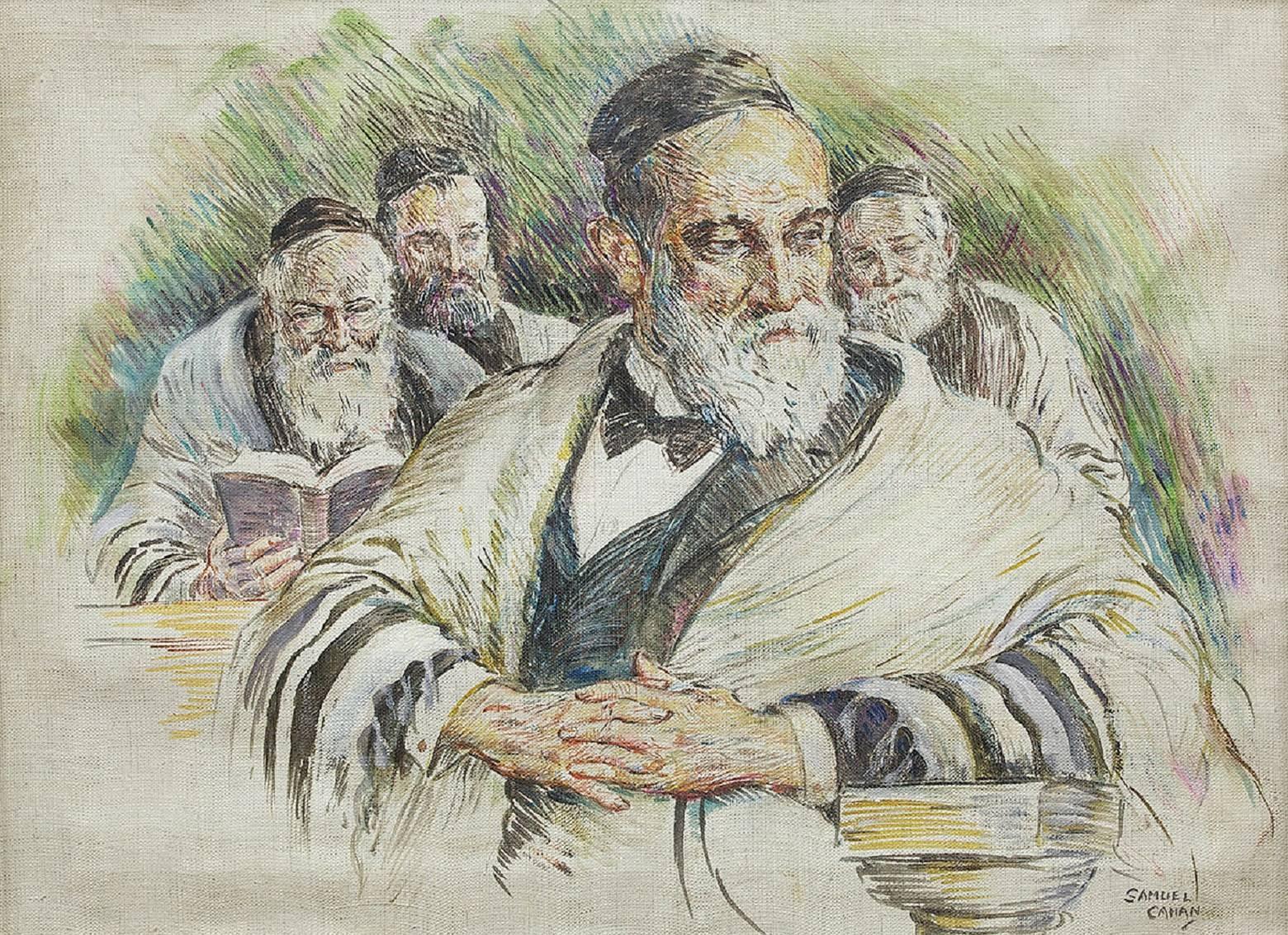 Illustrazione d'epoca di un dipinto Judaica, Il Rabbino (Uomini in preghiera) - Painting di Samuel George Cahan