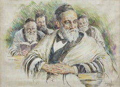 Vintage Illustration Judaica Painting, The Rabbi's (Men at Prayers)