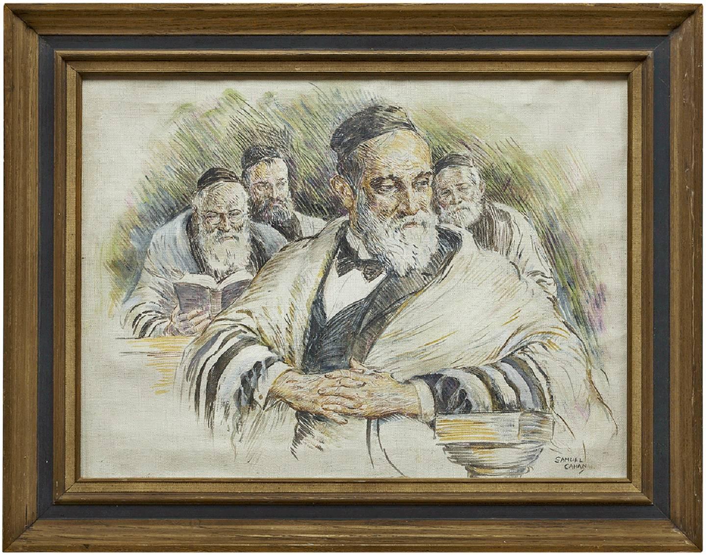 Samuel George Cahan Figurative Painting - Vintage Illustration Judaica Painting, The Rabbi's (Men at Prayers)