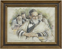 Vintage Illustration Judaica Painting, The Rabbi's (Men at Prayers)