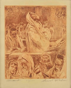 A Fine Judaica Etching "Atonement" Yom Kippur in the Synagogue