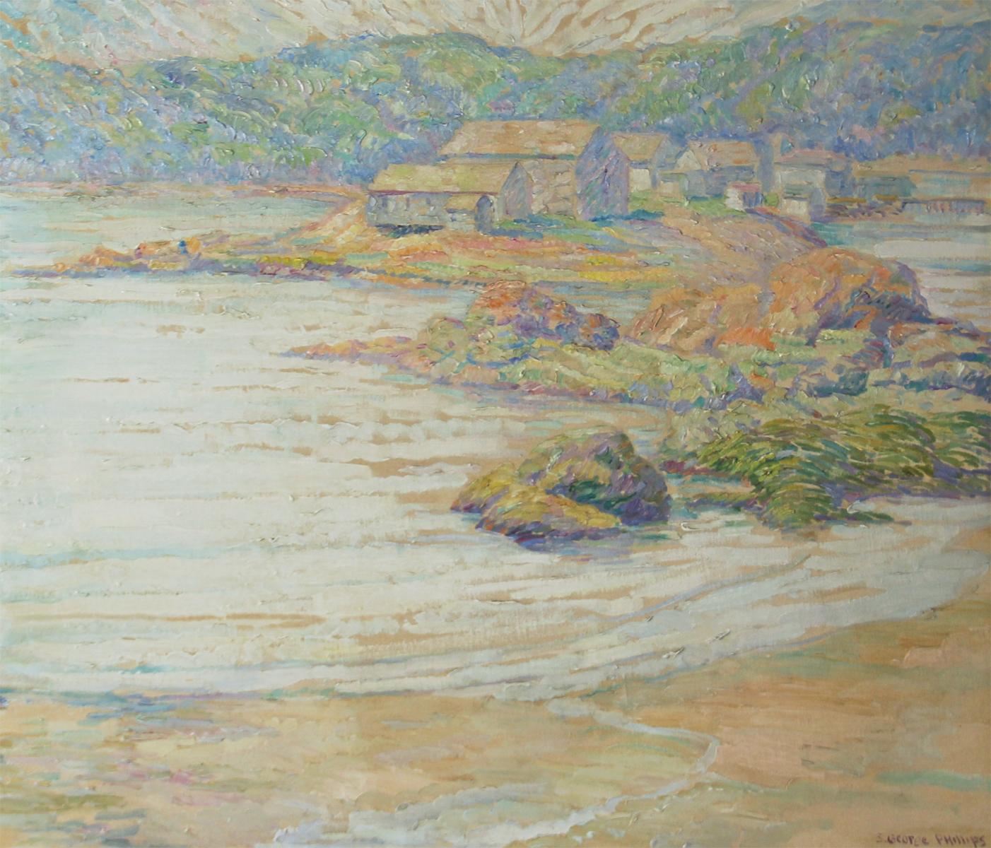 Research Center in Maine, American Impressionist Landscape, Oil on Board, 1930's - Painting by Samuel George Phillips
