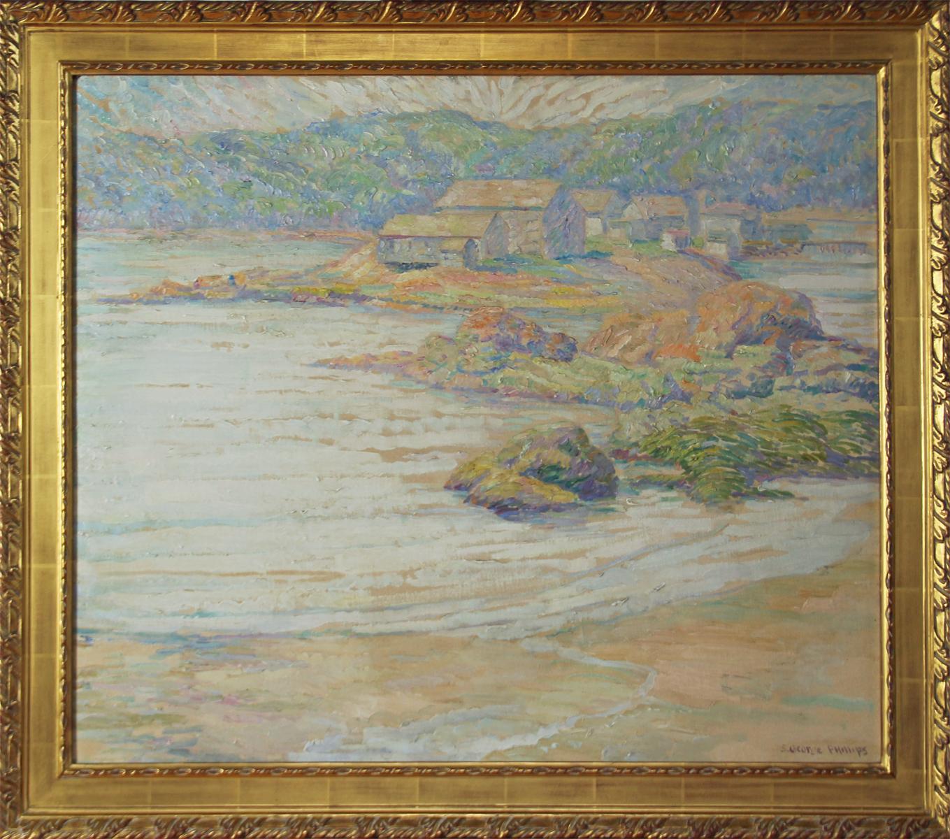 Samuel George Phillips Landscape Painting – S George Phillips, Research Center Maine, 1930's, Oil on Board