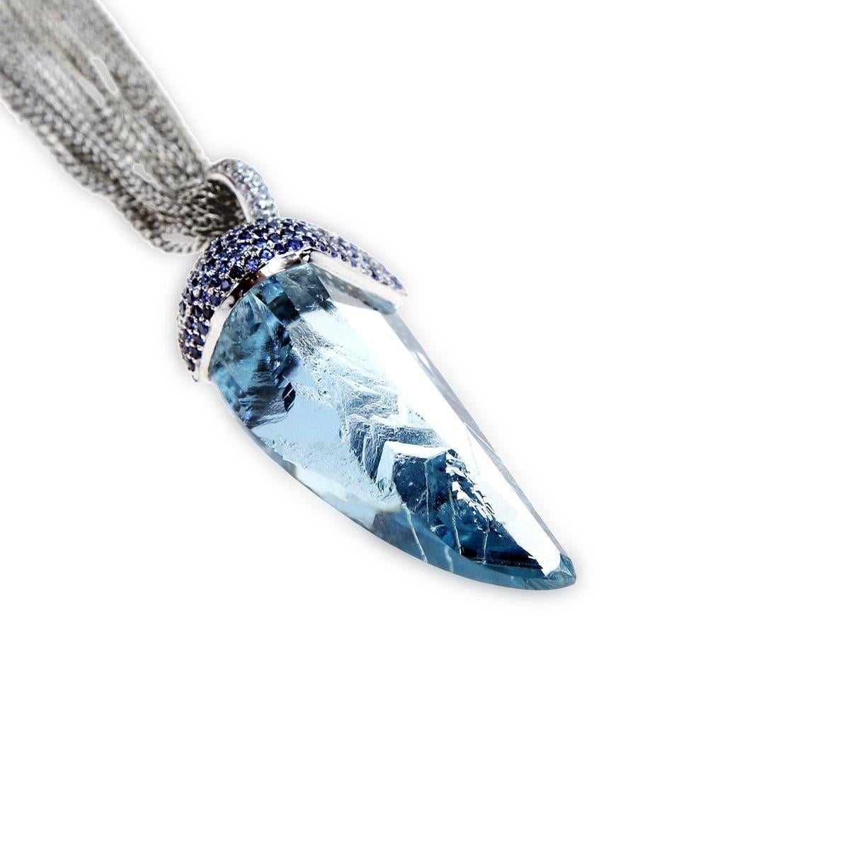 Contemporary Samuel Getz Unusual Natural Rough Cut Aquamarine Diamond  Blue Sapphire Pendant For Sale