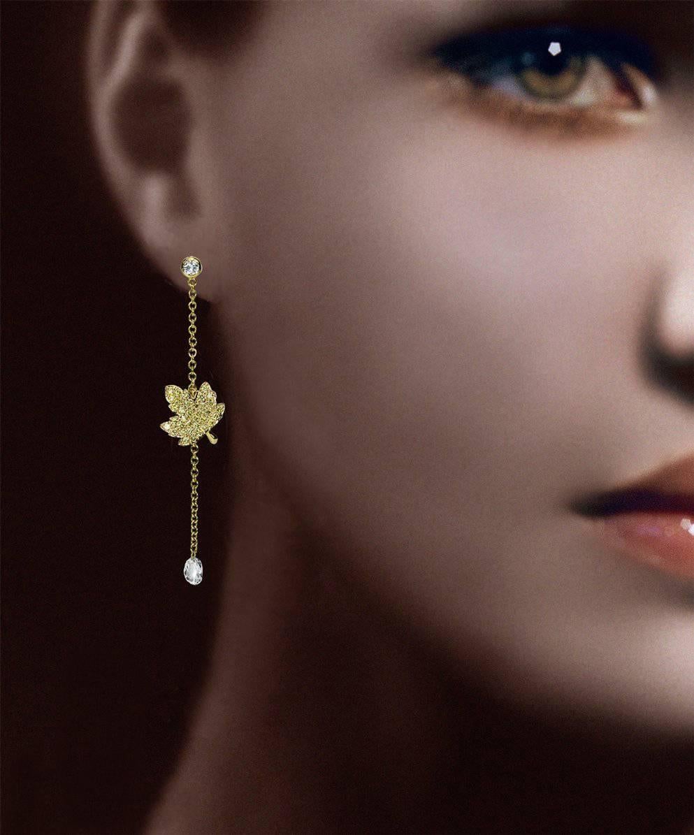 A Pair of "Samuel Getz" 18 Karat Yellow Gold "Leaf" Drop Earrings Featuring Briolette Diamonds, 1.11 Carats, 68 Fancy Yellow Round Brilliant Cut Diamonds, 0.55 Carats, of  VVS - VS Clarity, and 2 Round Brilliant Cut Diamonds,