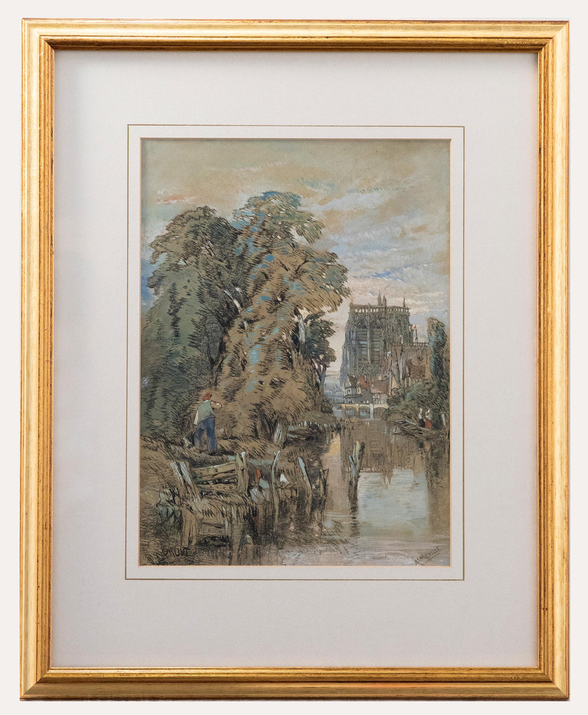 A charming study of a local man fishing on the banks of the River Somme. The bell towers of St. Wolfram can be seen to the distance, towering over the town of Abbeville. Well-presented in a gilt-effect frame with card mount. Bearing the signature