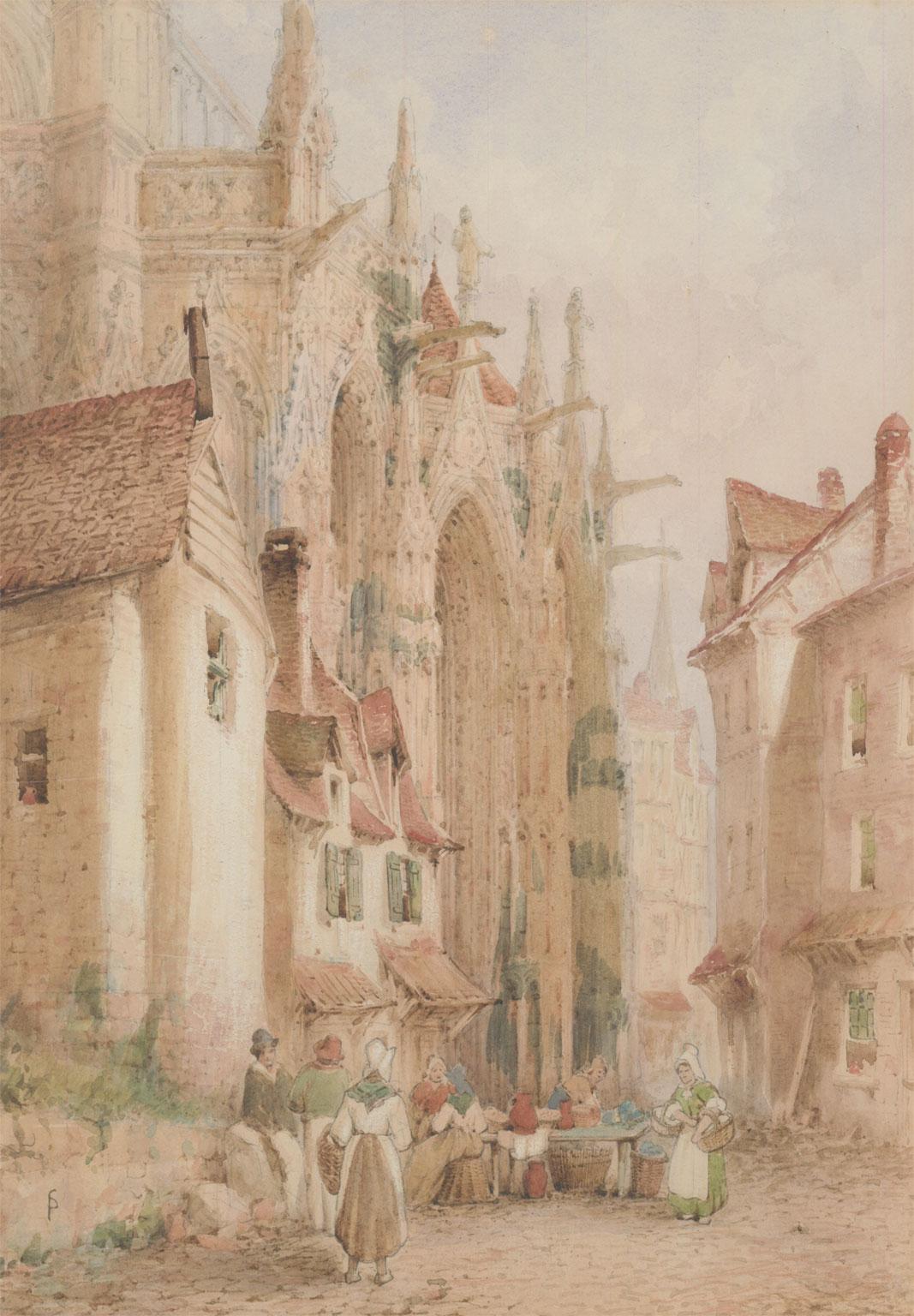 Samuel Gillespie Prout (1822-1911) - Aquarelle encadrée, Journée du Marché à Anvers 1