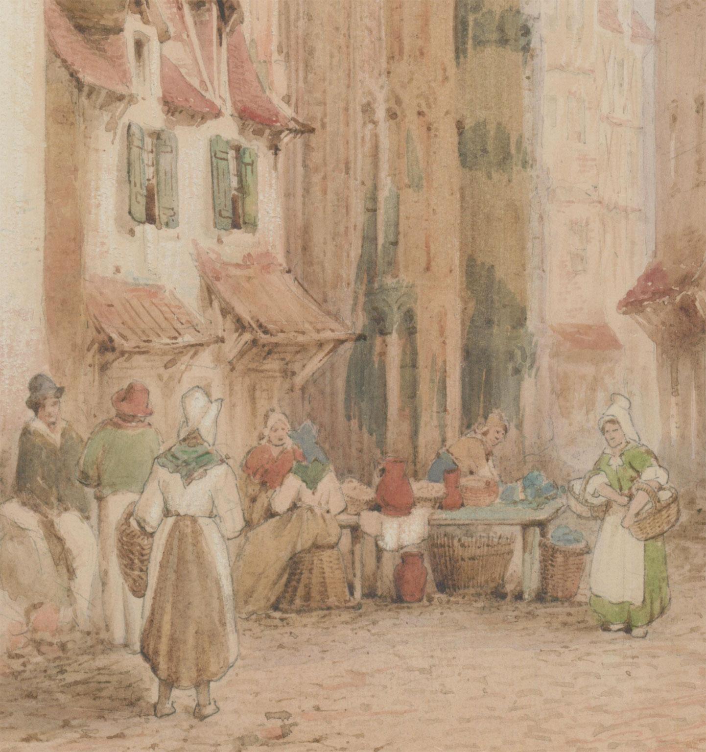 Samuel Gillespie Prout (1822-1911) - Aquarelle encadrée, Journée du Marché à Anvers 5