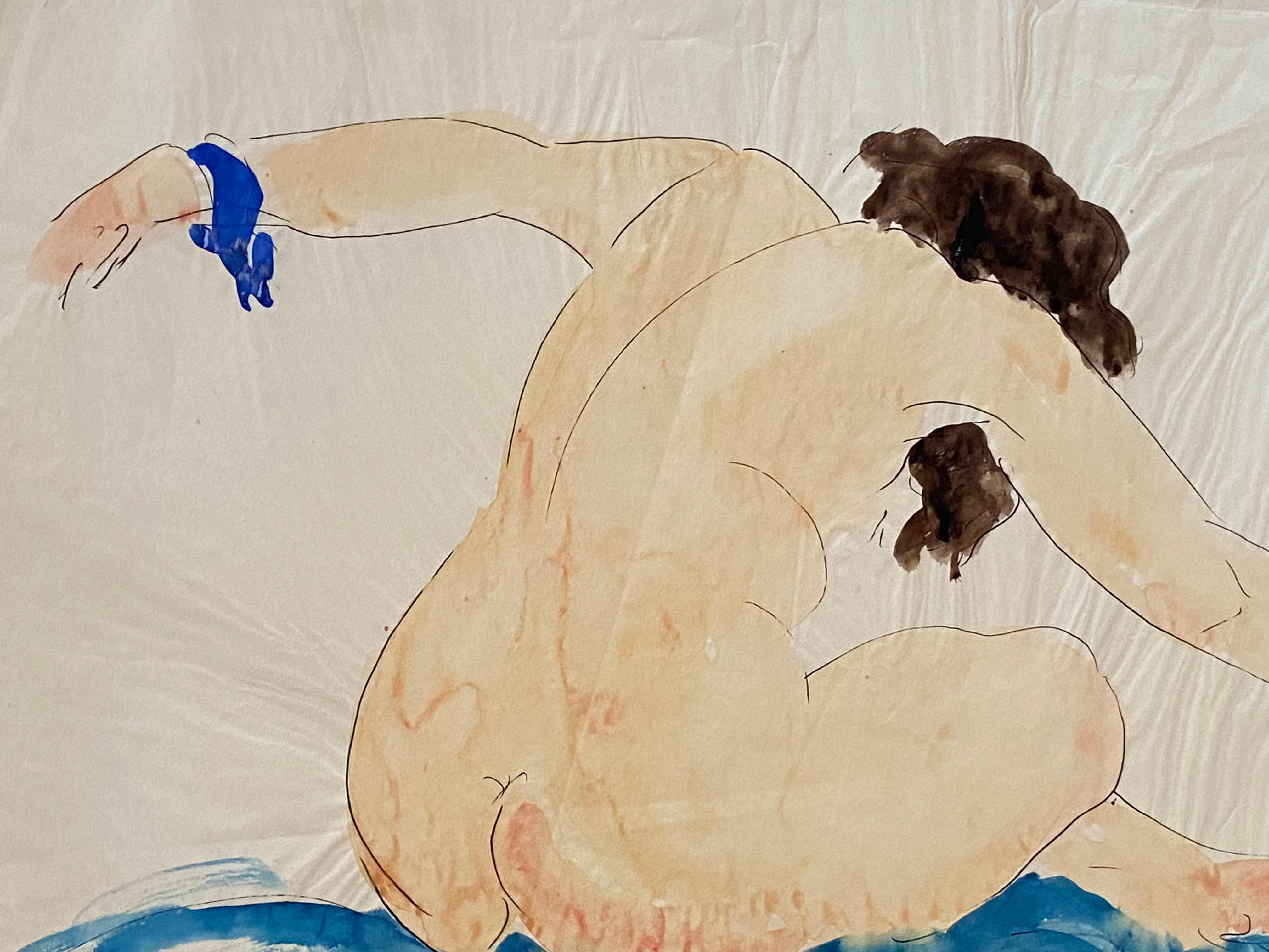 Merveilleuse œuvre d'art en techniques mixtes représentant une femme nue avec des bras en mouvement, réalisée par Samuel Granovsky. Signé et daté 1925, Paris à l'encre de Chine en bas à droite. Le personnage est dessiné à l'encre de Chine et le