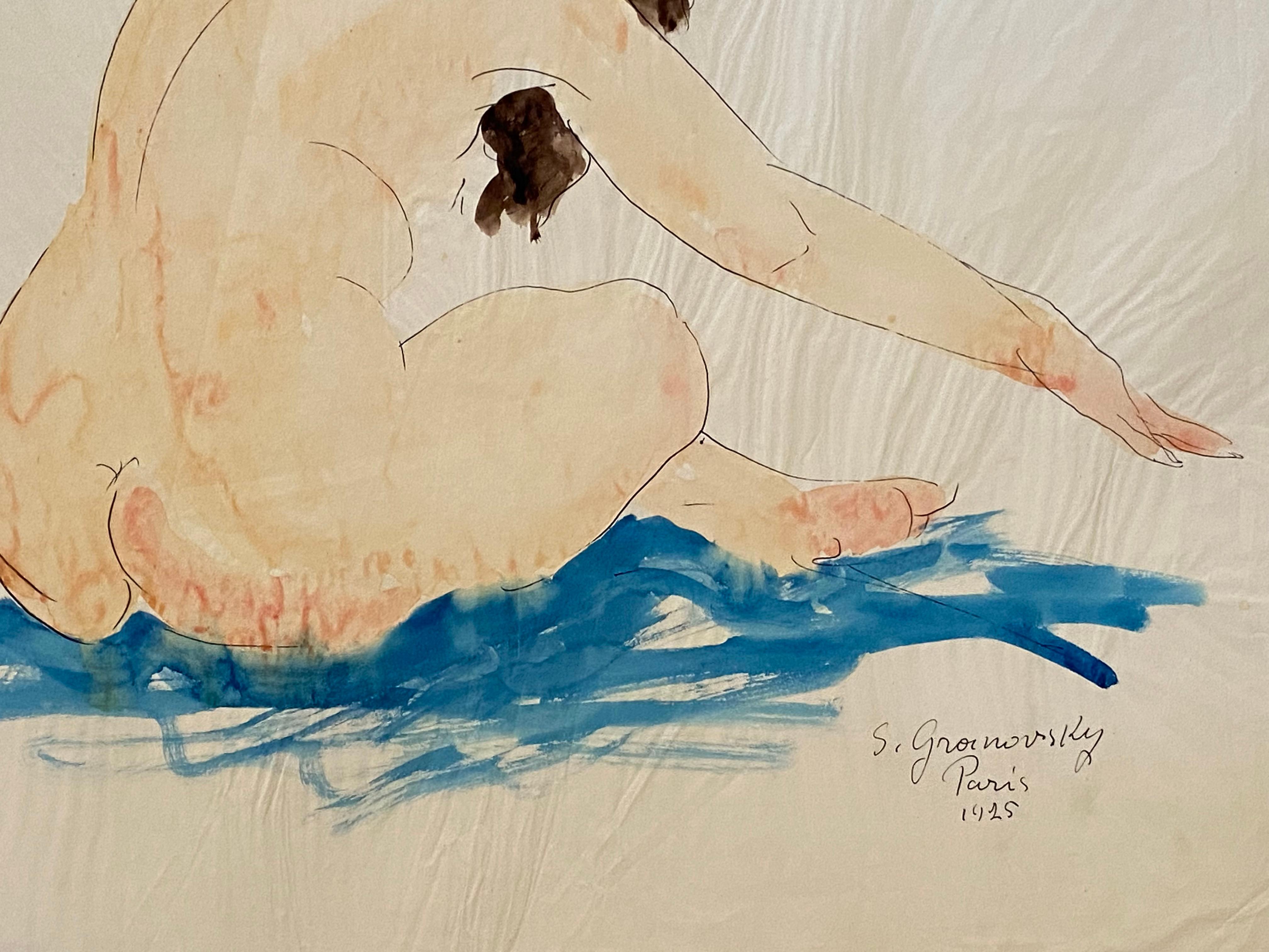 Wonderful mixed media artwork of a female nude with arms in motion by Samuel Granovsky. Signed and dated 1925, Paris in india ink lower right. The figure is outlined in india ink and the rest of the artwork’s medium is watercolor. Condition is good.