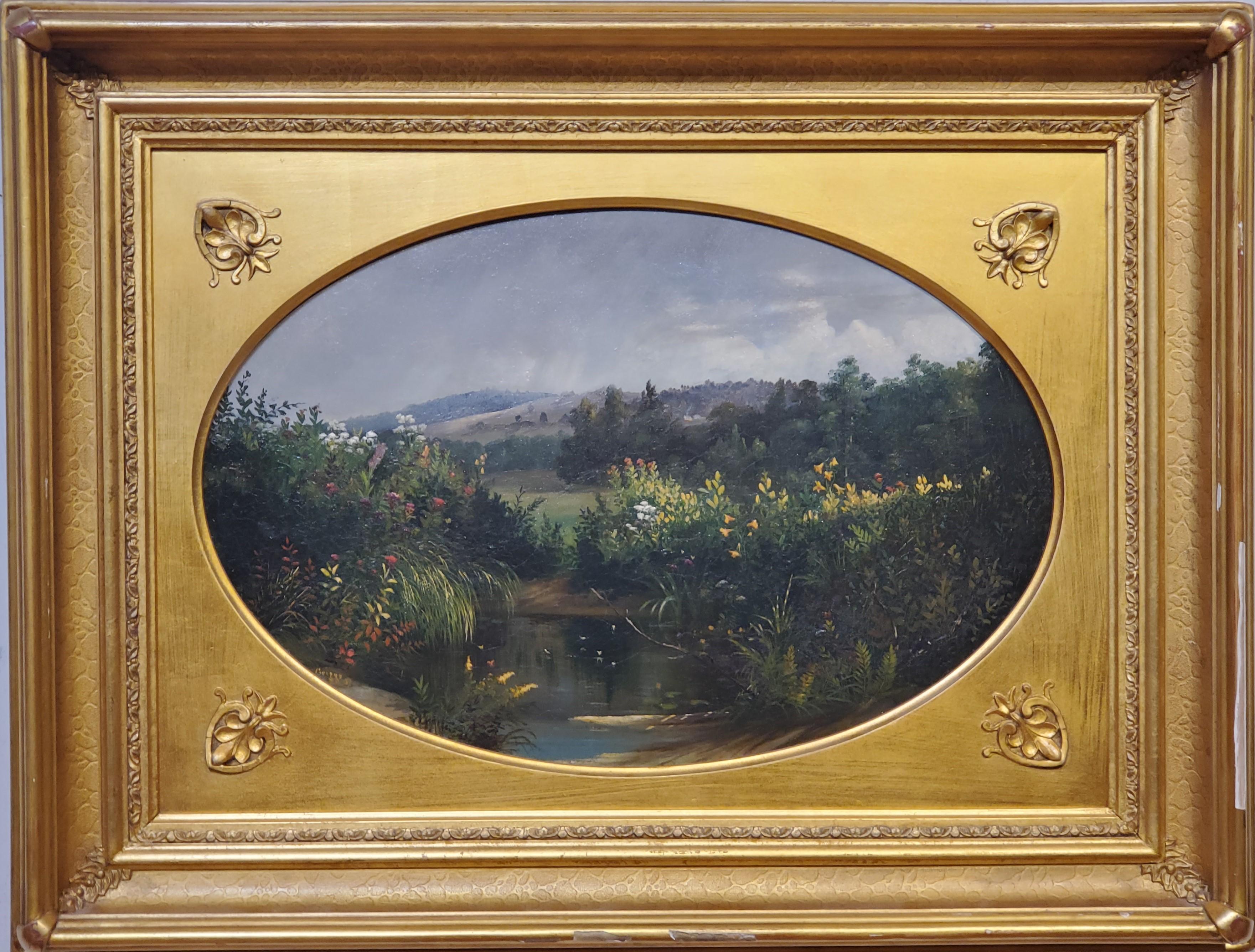 Oval landscape Study by Samuel Griggs

American 1827-1898

12.5" x 18.5" oval oil on board.

Framed signed and dated 1857.

New England landscape, likely New Hampshire.

Samuel W. Griggs, American (1827-1898) Griggs was listed as an architect in the