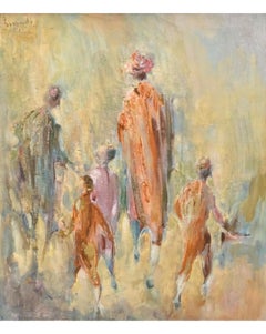 Large Judaica Oil Painting Samuel Grodensky Hasidic Rabbi, Children in Jerusalem