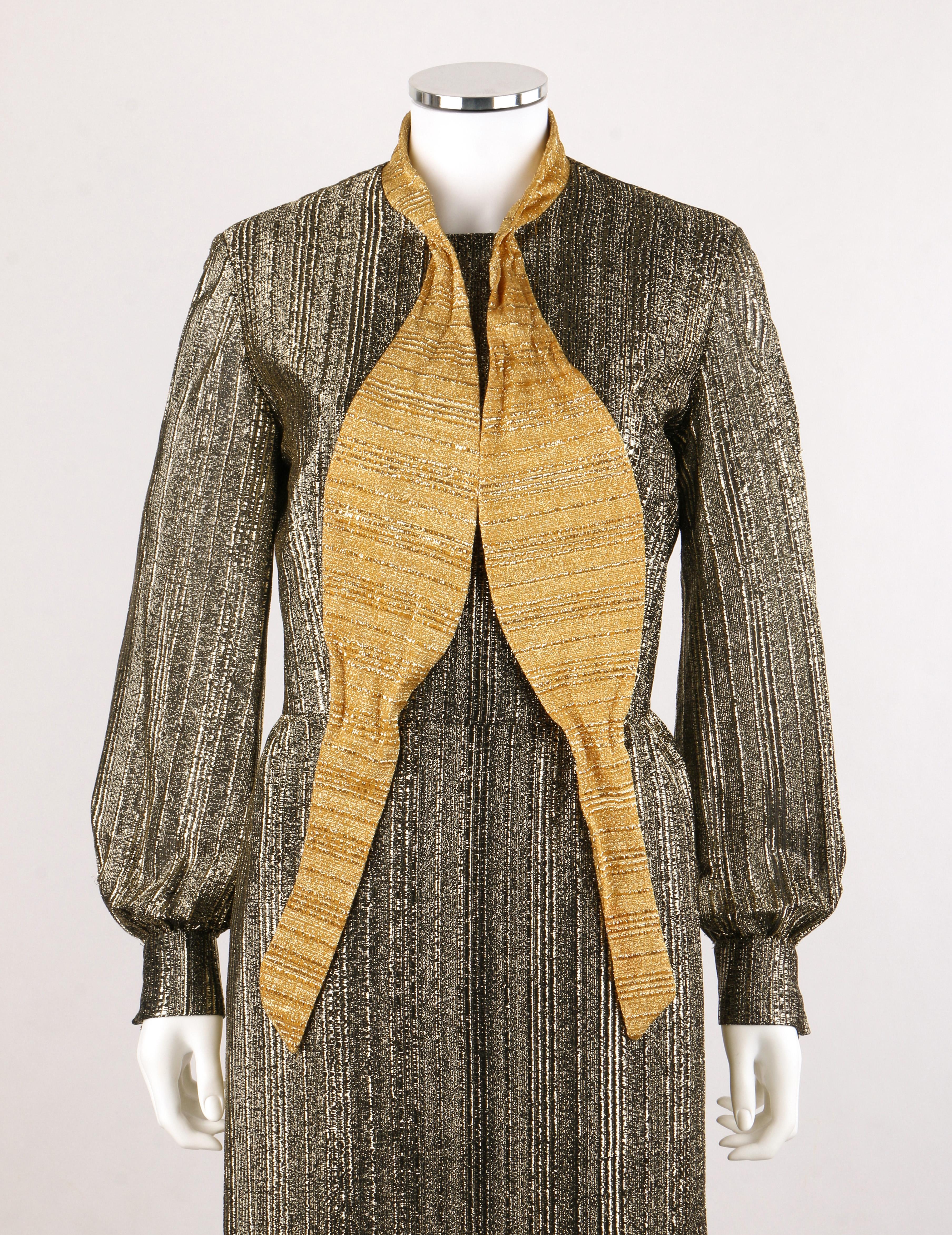 SAMUEL GROSSMAN c.1960's Black & Metallic Gold Bow Collar Maxi Sheath Dress Gown 1