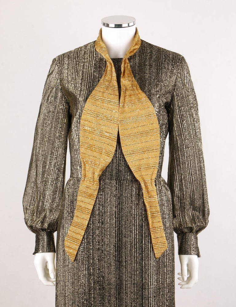 SAMUEL GROSSMAN c.1960's Black & Metallic Gold Bow Collar Maxi Sheath Dress Gown For Sale 1