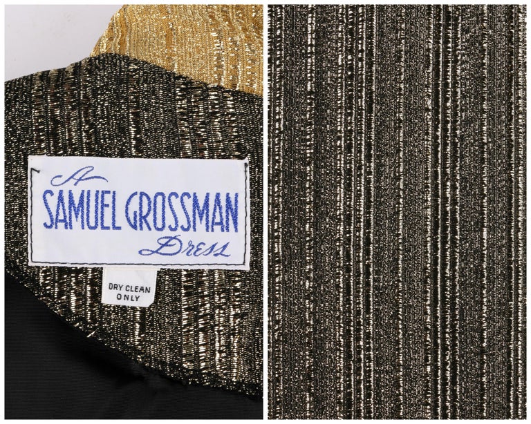 SAMUEL GROSSMAN c.1960's Black & Metallic Gold Bow Collar Maxi Sheath Dress Gown For Sale 2