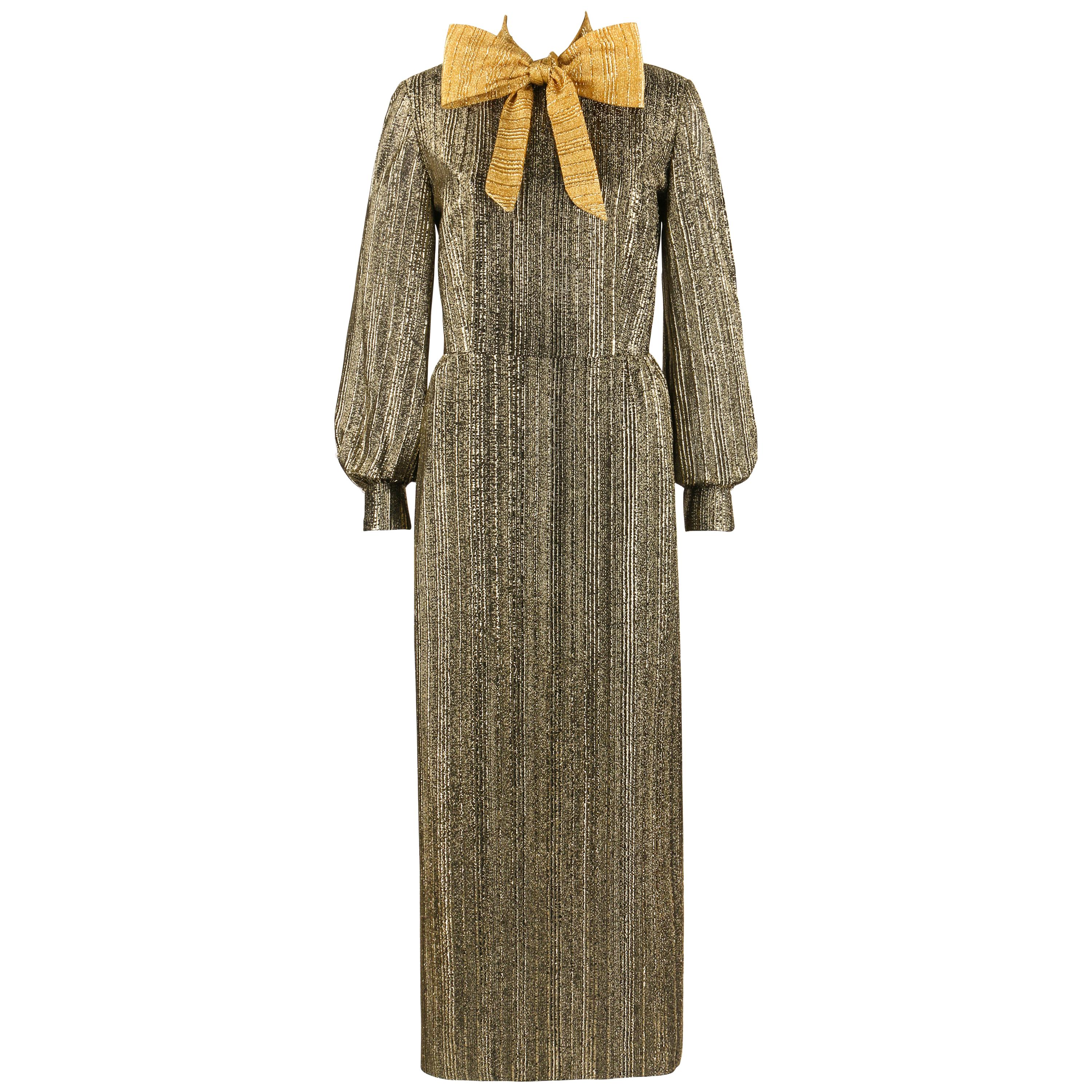 SAMUEL GROSSMAN c.1960's Black & Metallic Gold Bow Collar Maxi Sheath Dress Gown