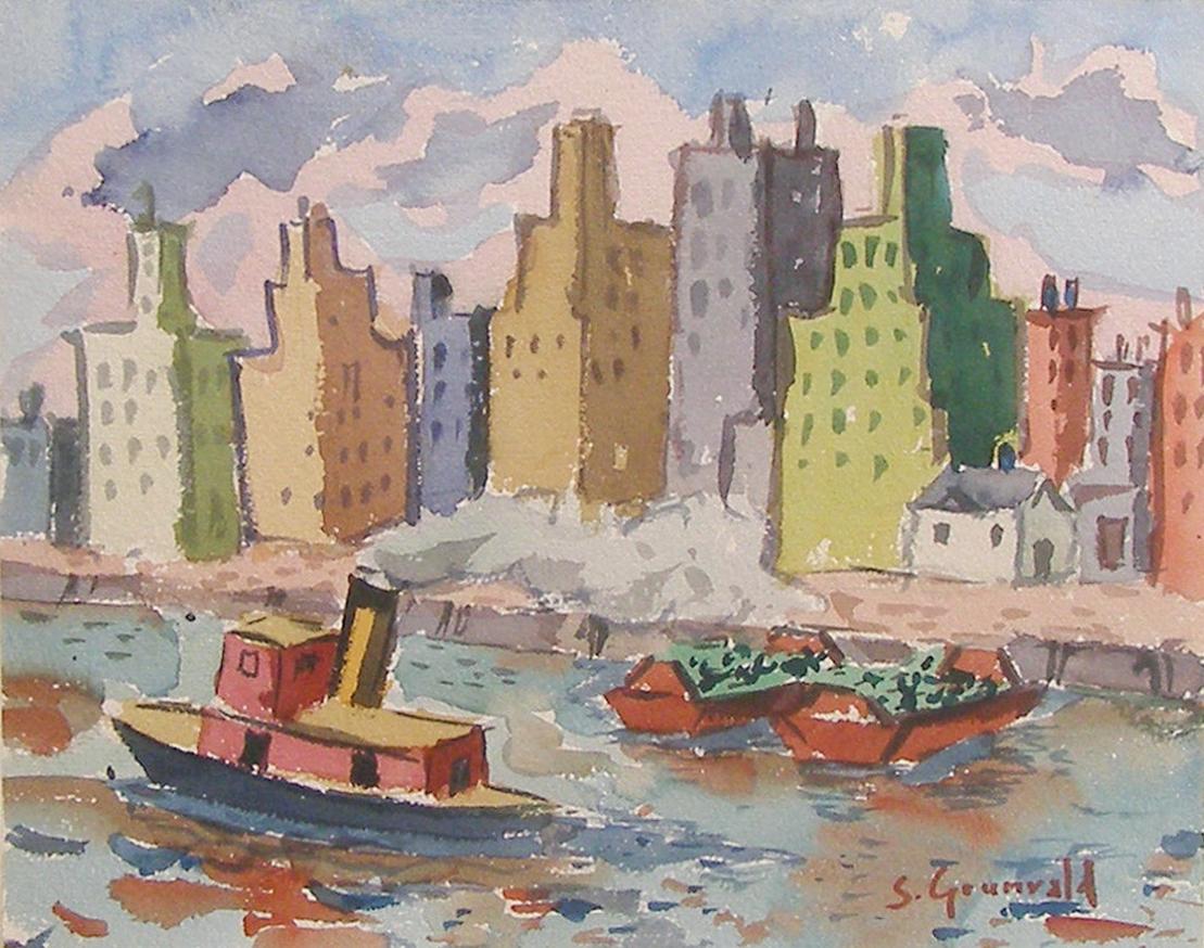 Skyline and Tugboat, East River, New York City - Painting by Samuel Grunvald