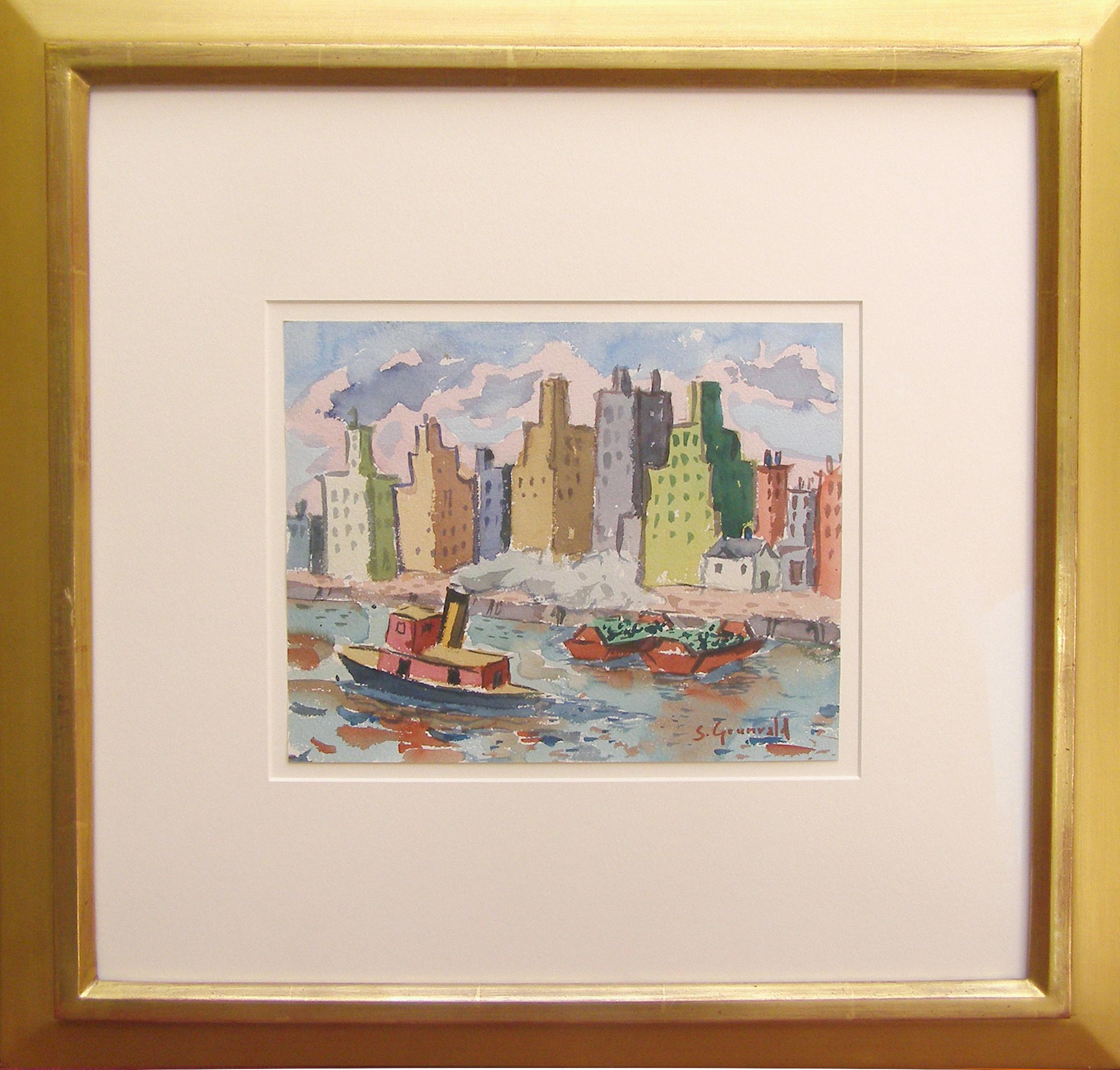 Samuel Grunvald Landscape Painting - Skyline and Tugboat, East River, New York City