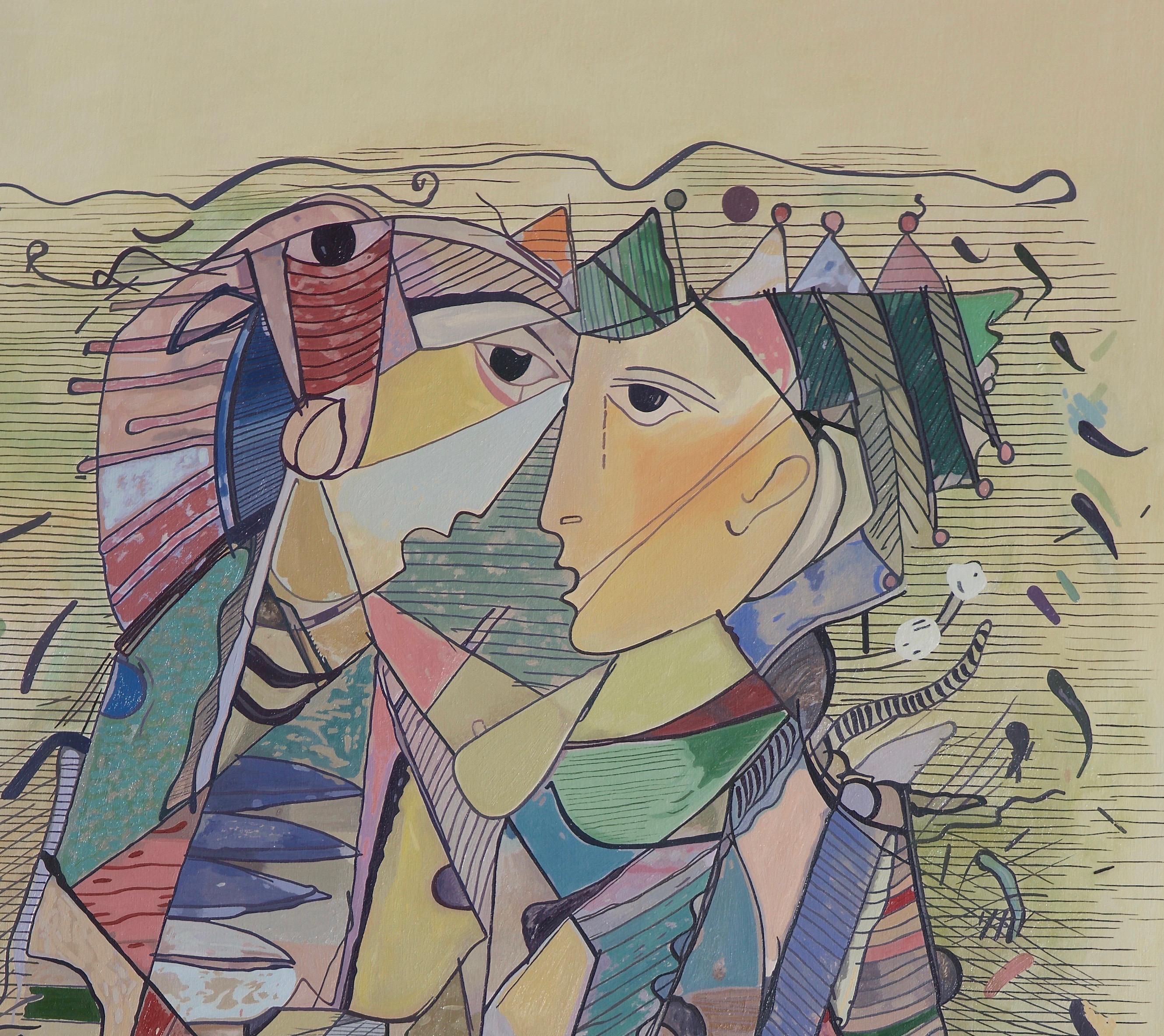 Amicizia, Figure contemporanee. - Painting di Samuel Hallaj