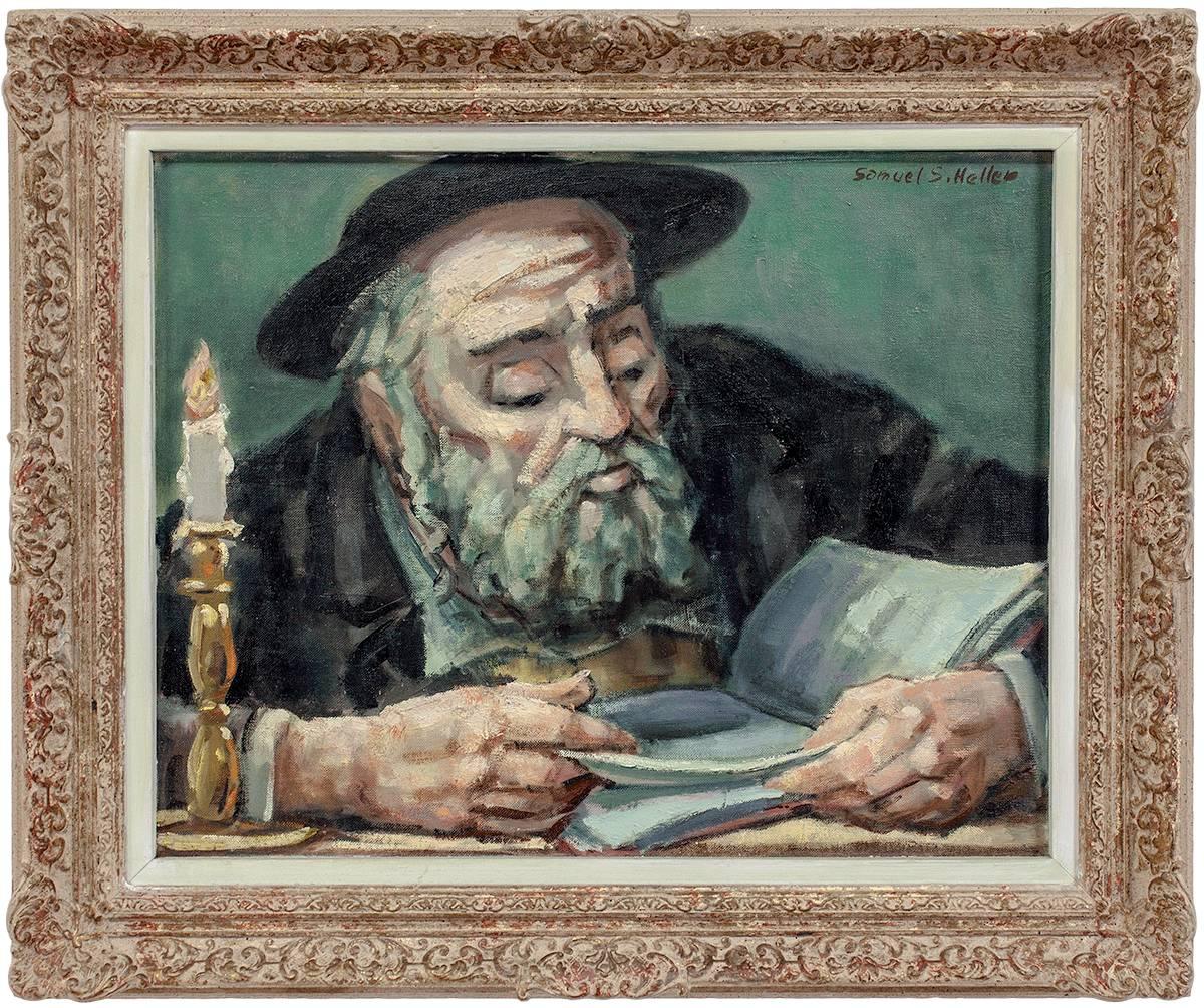 Samuel Heller Figurative Painting - Rare Judaica Jewish Rabbi Oil Painting