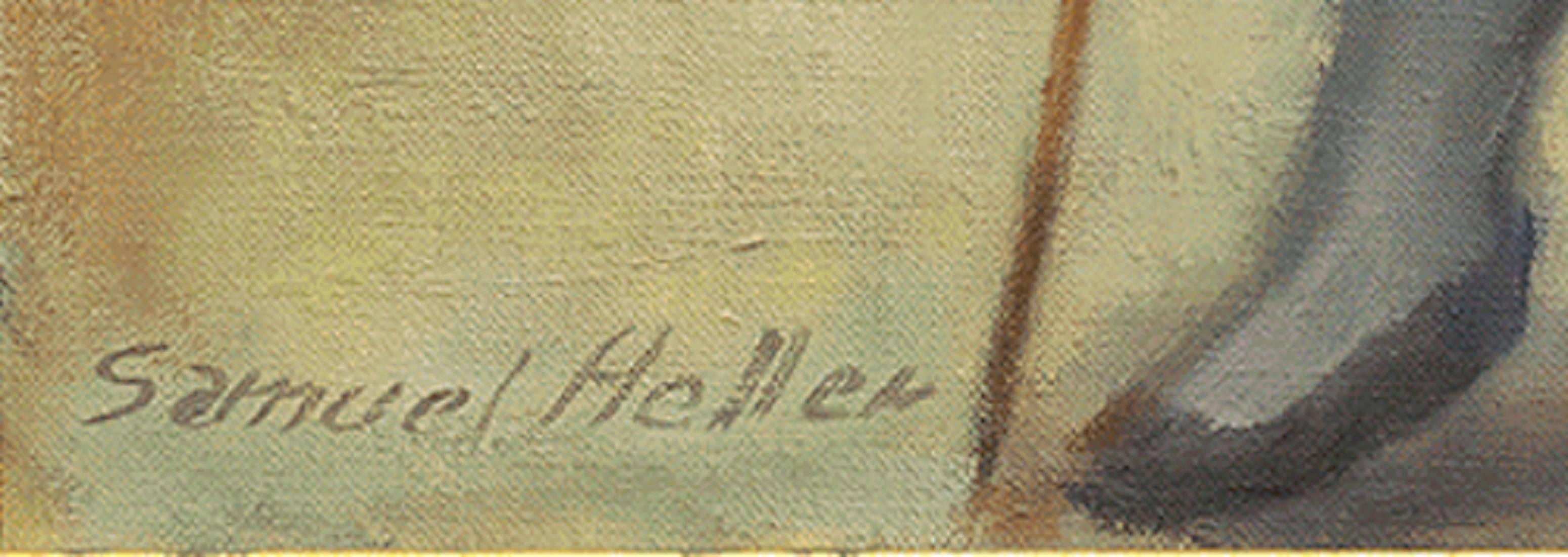 Seltenes Judaica- Rabbiner-Ölgemälde (JEWISH MAN HOLDING A CANE AND BOOKS) – Painting von Samuel Heller