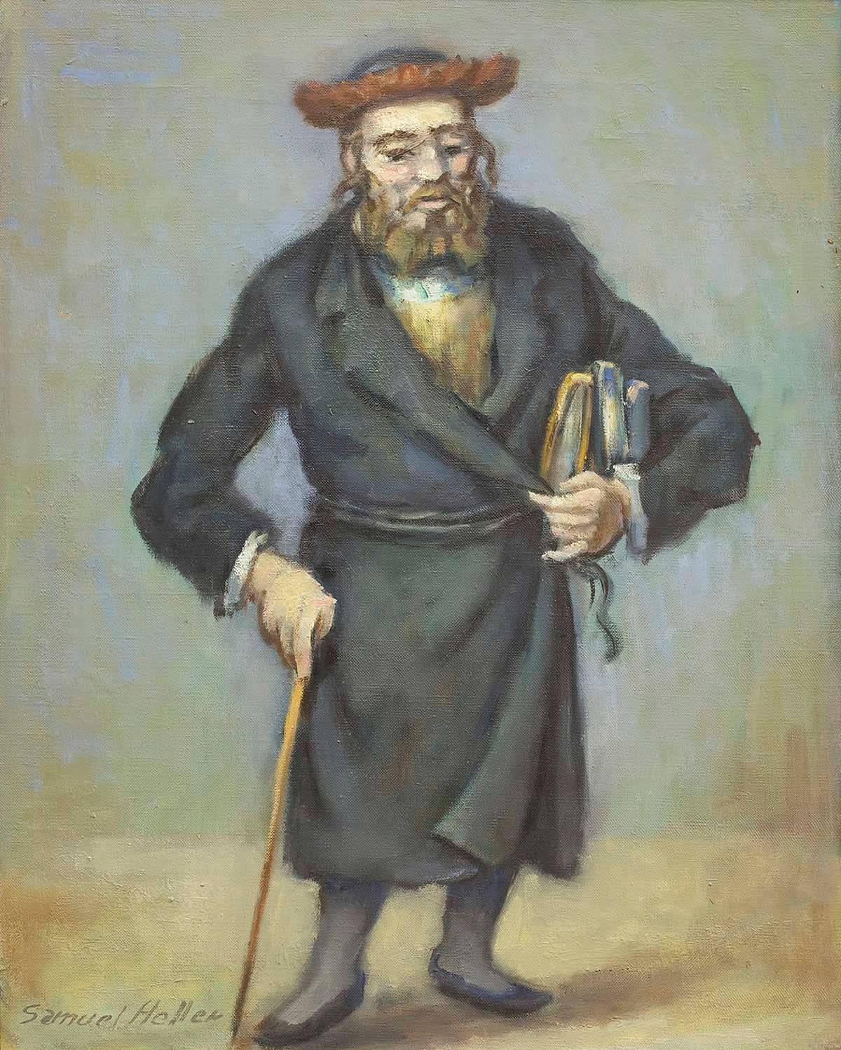 Rare Judaica Rabbi Oil Painting (JEWISH MAN HOLDING A CANE AND BOOKS) - Brown Figurative Painting by Samuel Heller