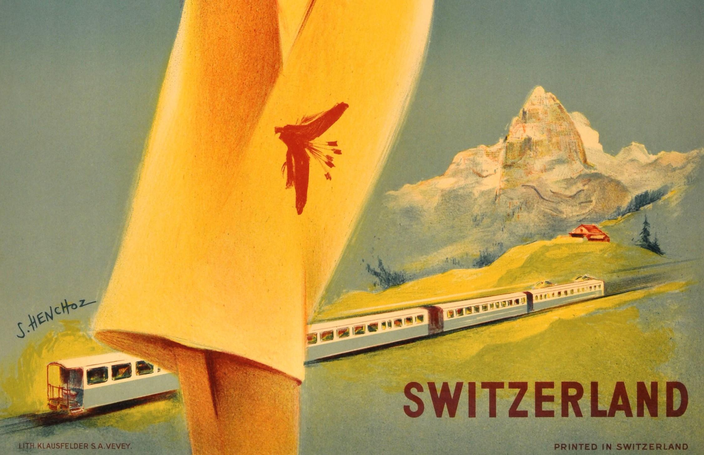 Original vintage advertising poster promoting travel on the famous Montreux Oberland Bernois railway in Switzerland. The MOB is one of the earliest electric railways in the country and connects Montreux, the Gstaad ski resort and Interlaken and