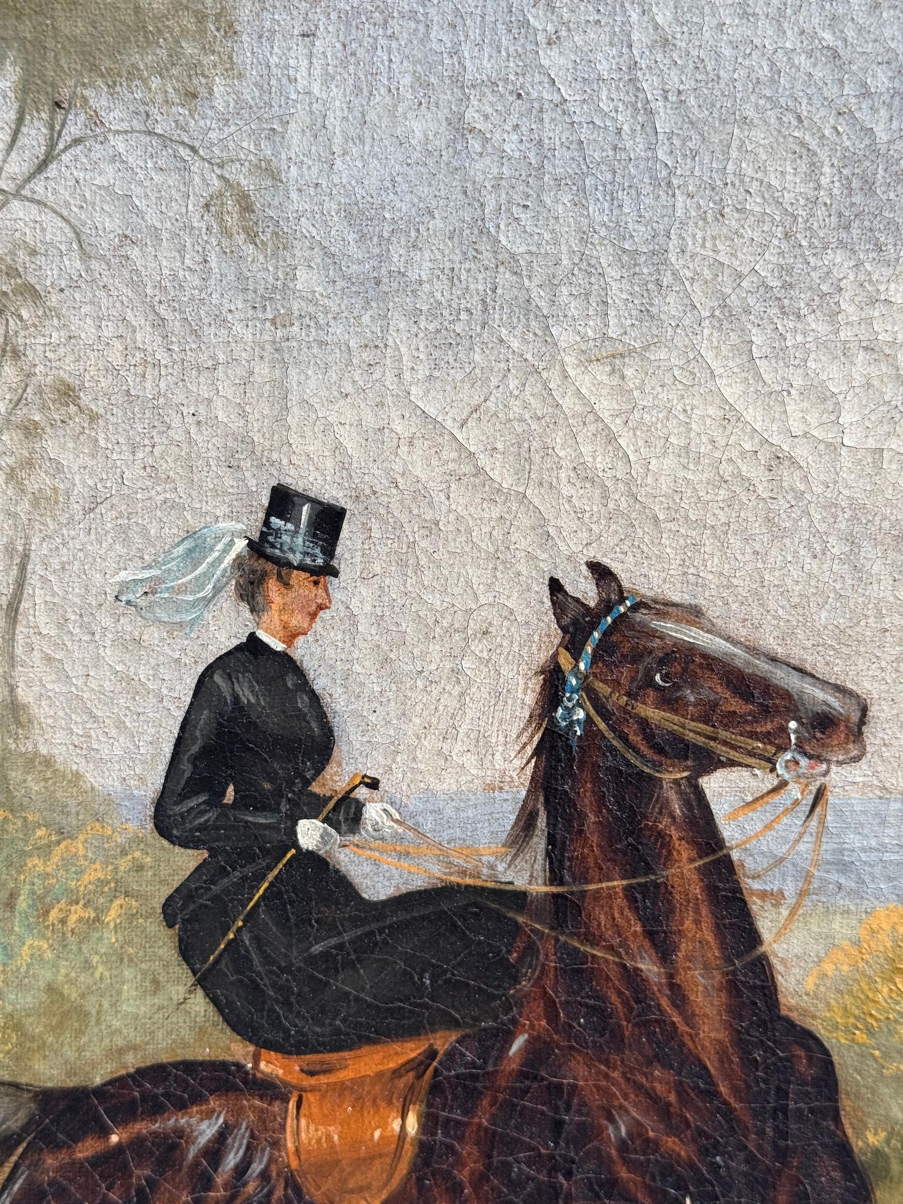 Caza del zorro inglesa del siglo XIX en un paisaje con cazador y mujeres con sabuesos en venta 5