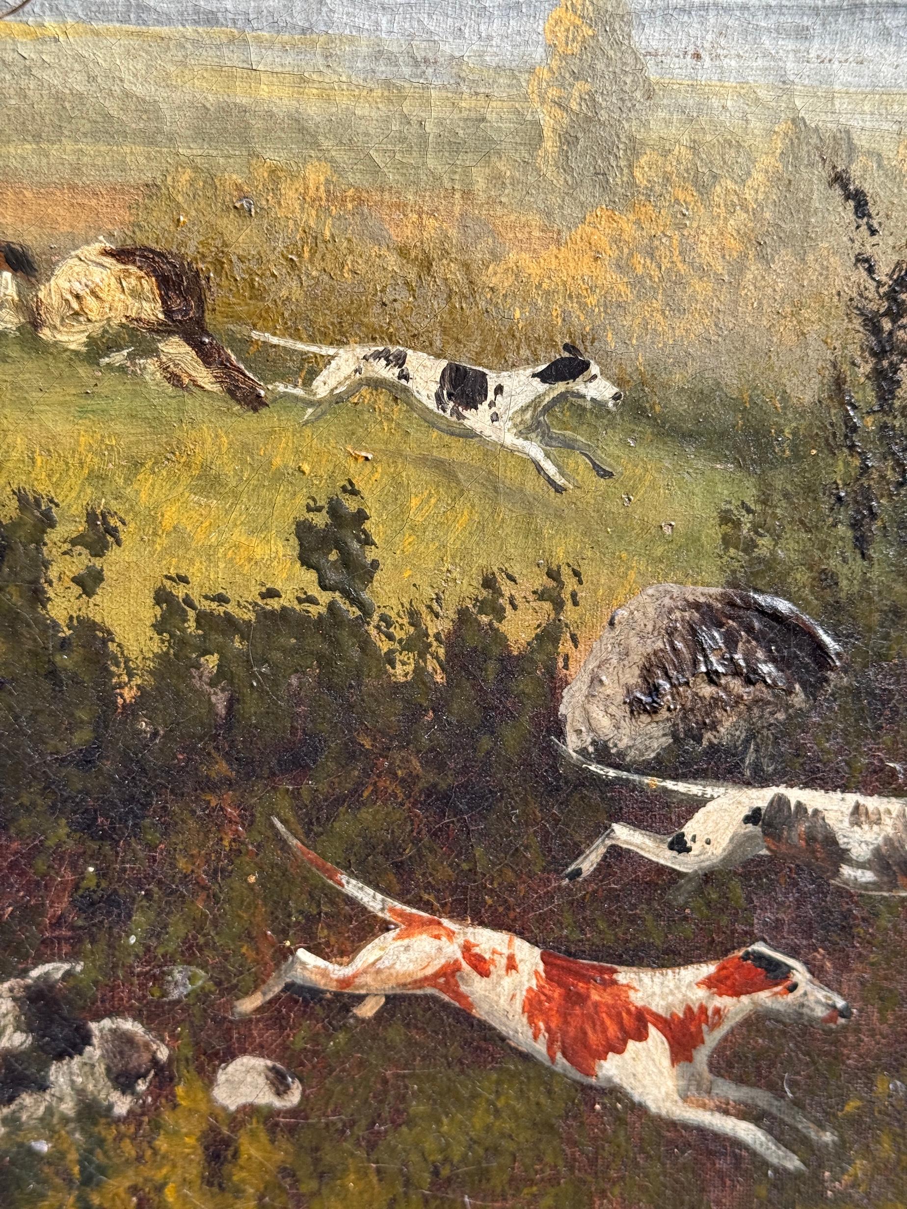 Caza del zorro inglesa del siglo XIX en un paisaje con cazador y mujeres con sabuesos en venta 7