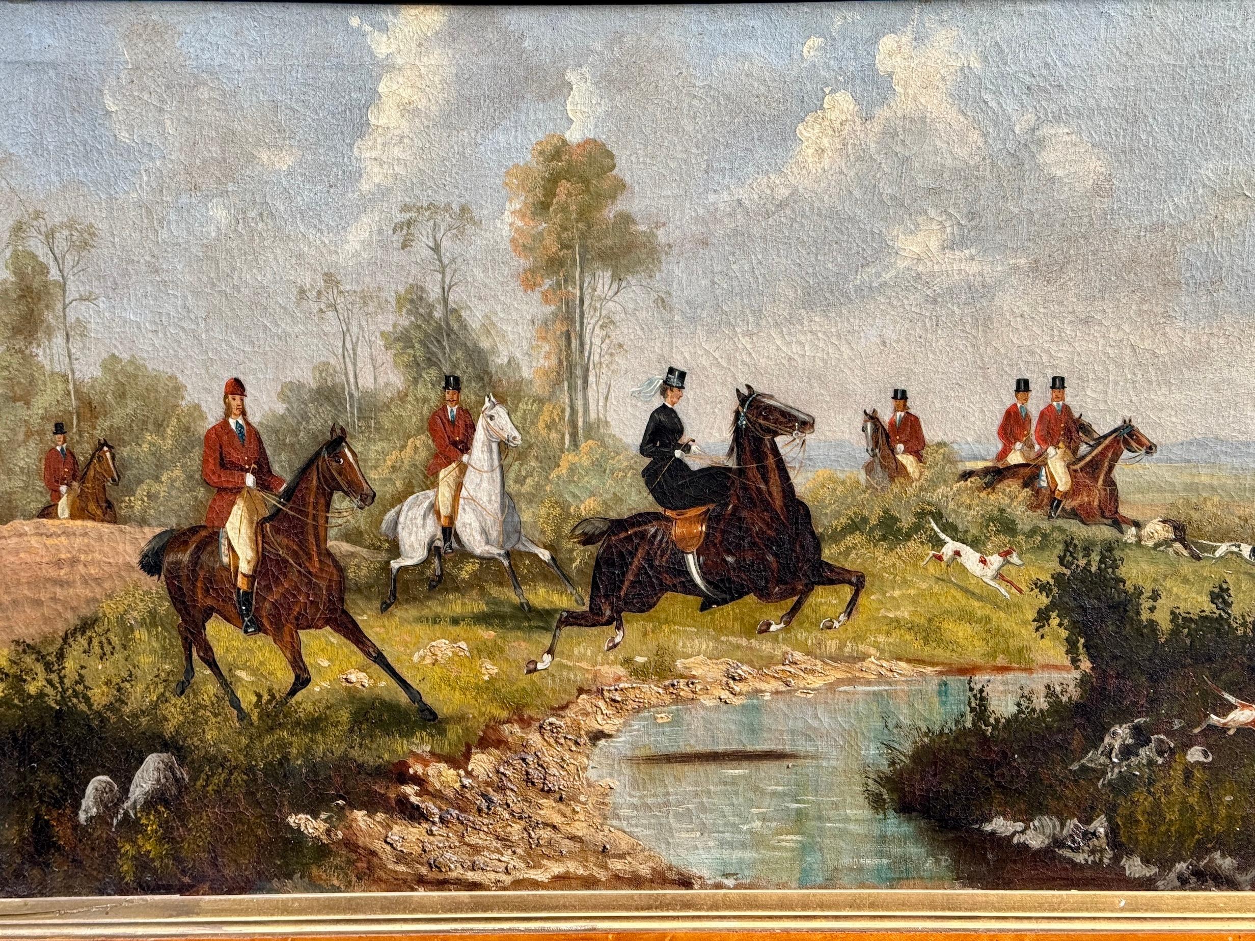 Caza del zorro inglesa del siglo XIX en un paisaje con cazador y mujeres con sabuesos - Painting de Samuel Henry Alken