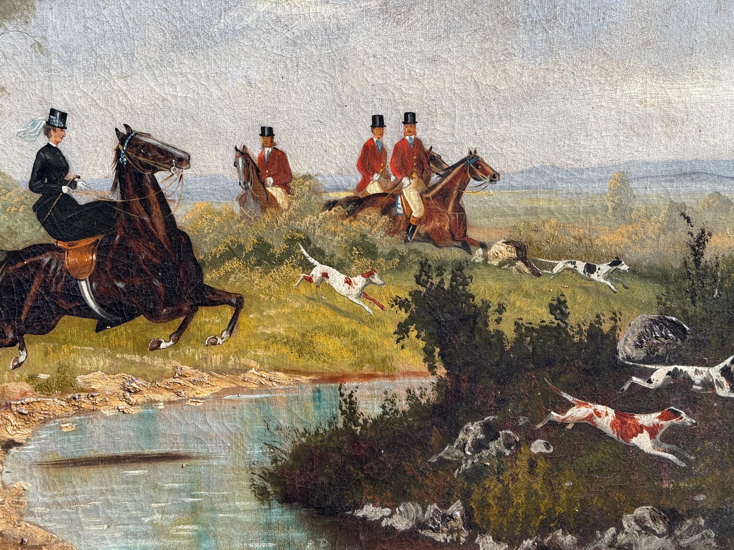 Caza del zorro inglesa del siglo XIX en un paisaje con cazador y mujeres con sabuesos - Painting Victoriano de Samuel Henry Alken