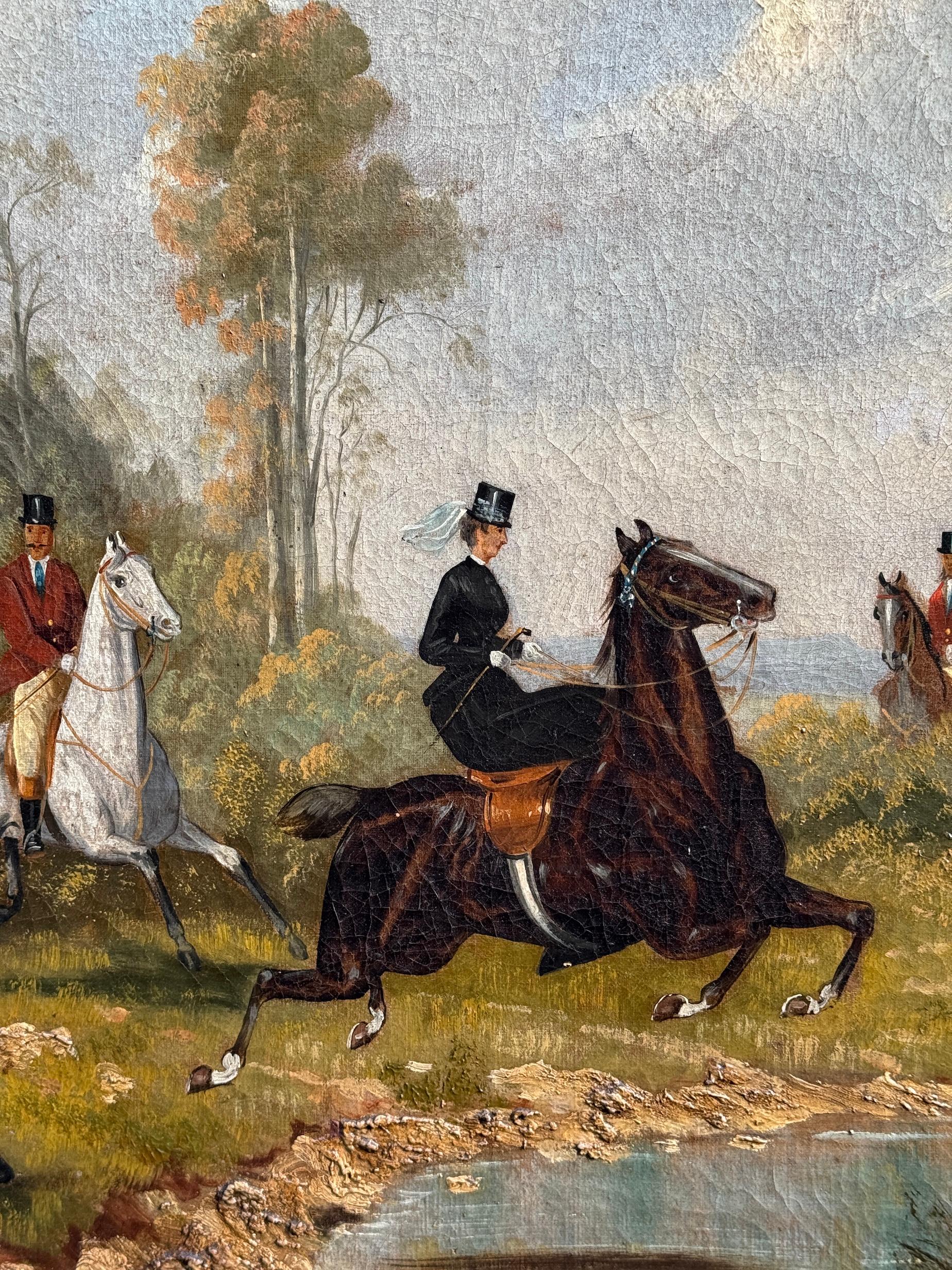 Caza del zorro inglesa del siglo XIX en un paisaje con cazador y mujeres con sabuesos - Landscape Painting Marrón de Samuel Henry Alken