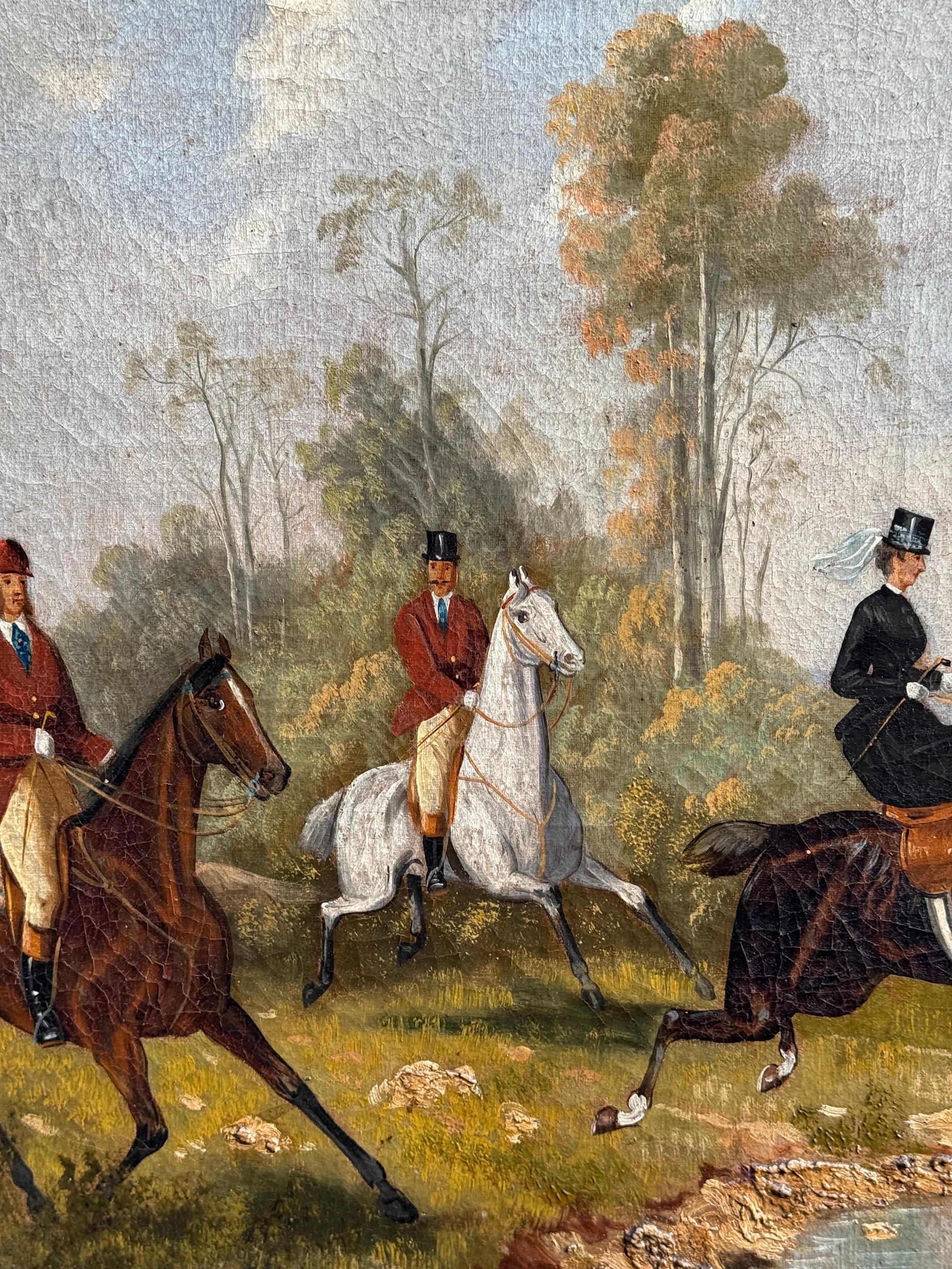 Atribuido a Samuel Henry Alken (británico, 1810-1894)
Escena de caza del zorro, ca. 1850
Óleo sobre lienzo, con marco de arce antiguo

Una briosa cabalgata de jinetes y sabuesos recorre la campiña inglesa en esta animada escena de caza del zorro