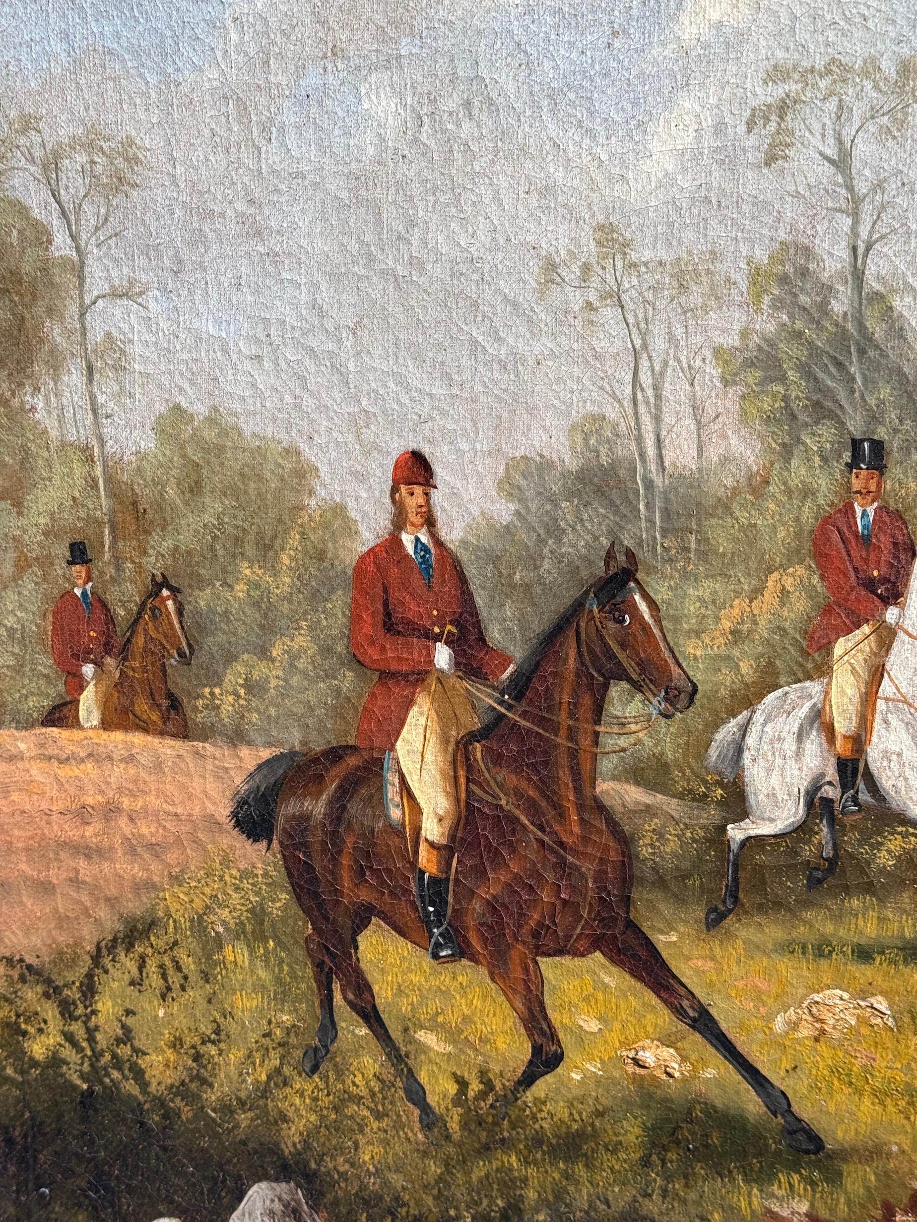 Caza del zorro inglesa del siglo XIX en un paisaje con cazador y mujeres con sabuesos en venta 1