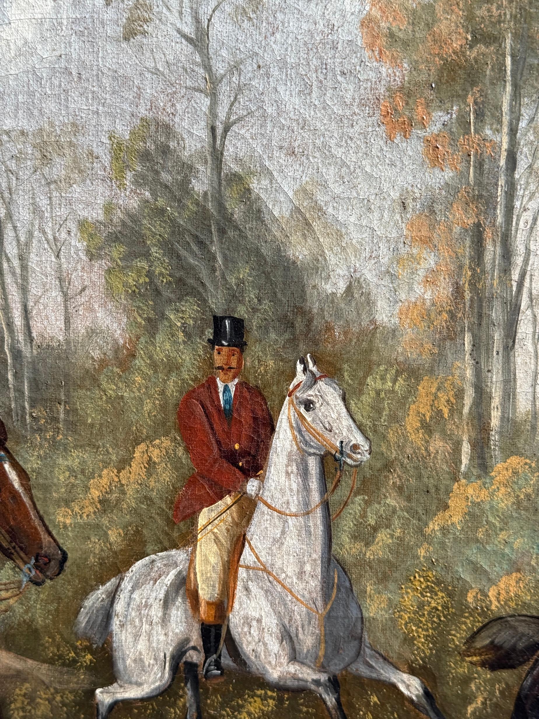 Caza del zorro inglesa del siglo XIX en un paisaje con cazador y mujeres con sabuesos en venta 4