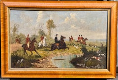 Englische Fuchsjagd des 19. Jahrhunderts in der Landschaft mit Jägern und Frauen mit Hunden