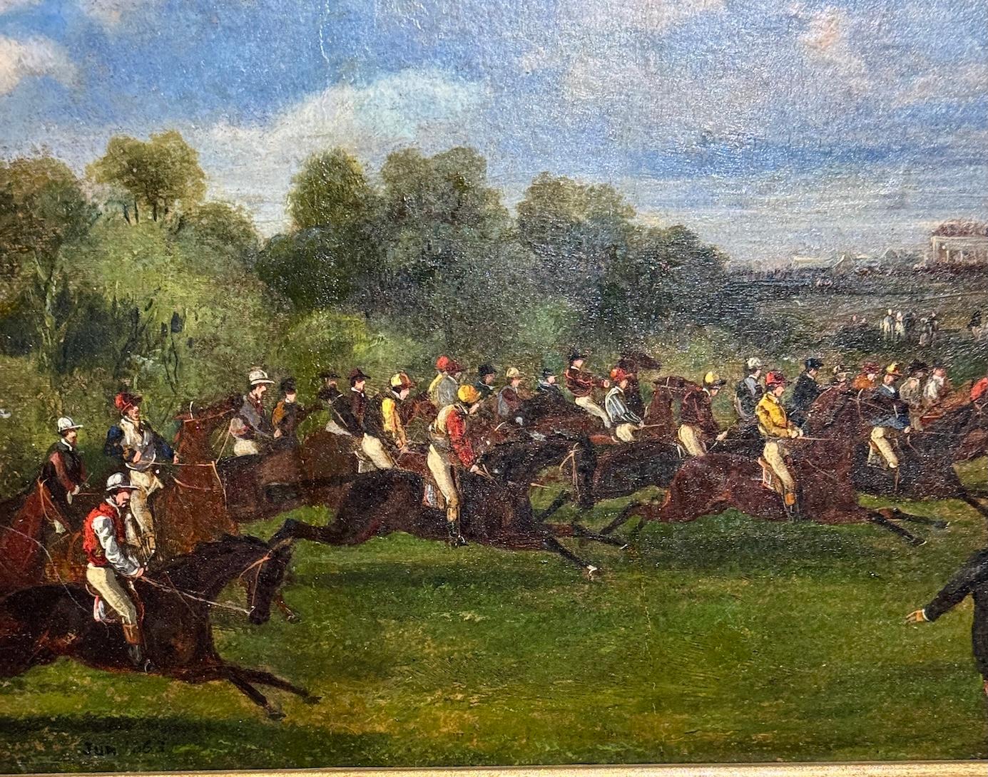 19th century English landscape with  Horse Racing, Possibly the Epsom Derby - Victorian Painting by Samuel Henry Alken