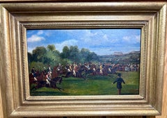 Antique 19th century English landscape with  Horse Racing, Possibly the Epsom Derby
