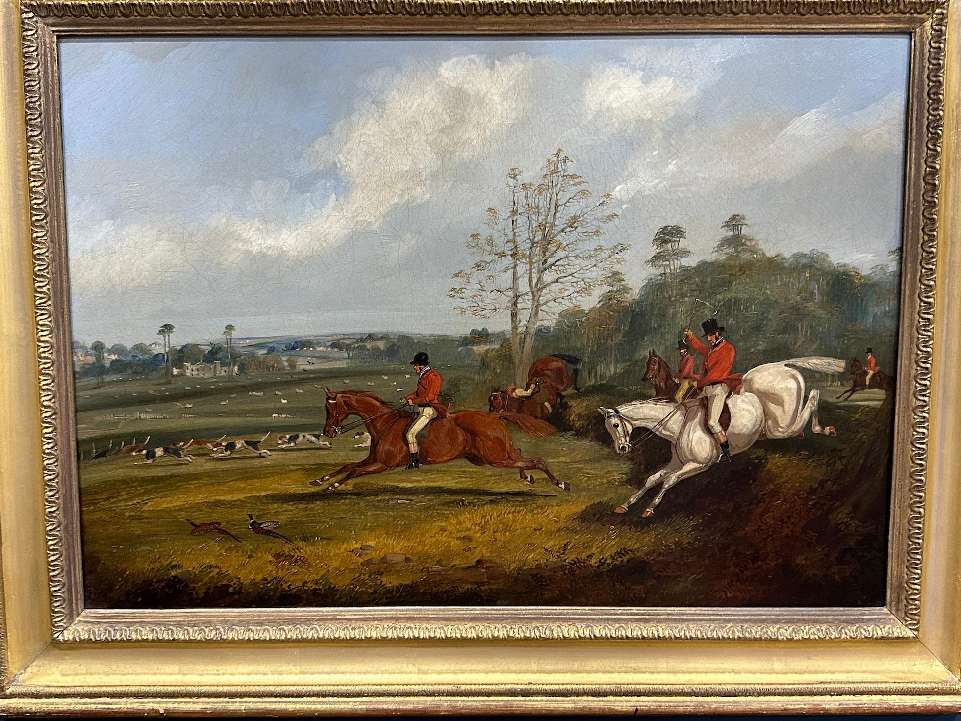 English set of 4 19th century Fox Hunting with riders, hounds in a landscape For Sale 5