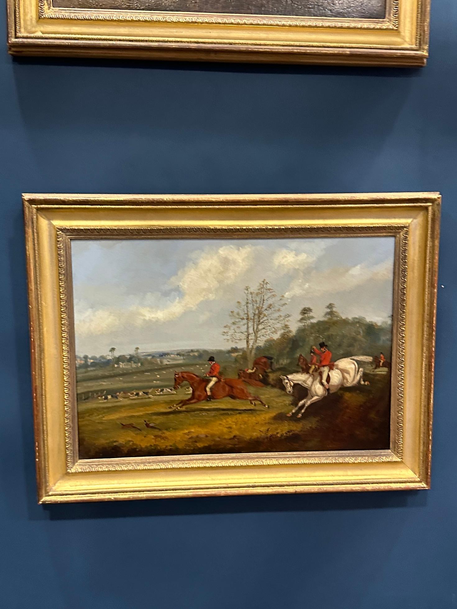 English set of 4 19th century Fox Hunting with riders, hounds in a landscape For Sale 6