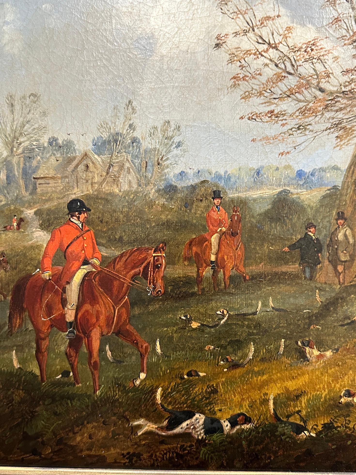 English set of 4 19th century Fox Hunting with riders, hounds in a landscape For Sale 7