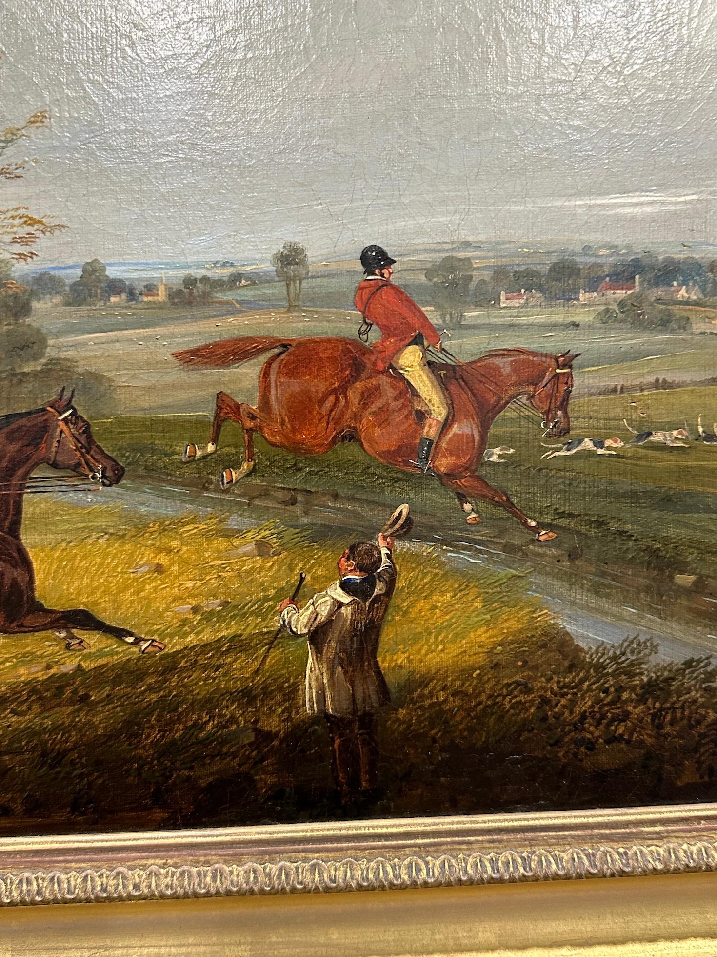 English set of 4 19th century Fox Hunting with riders, hounds in a landscape For Sale 11