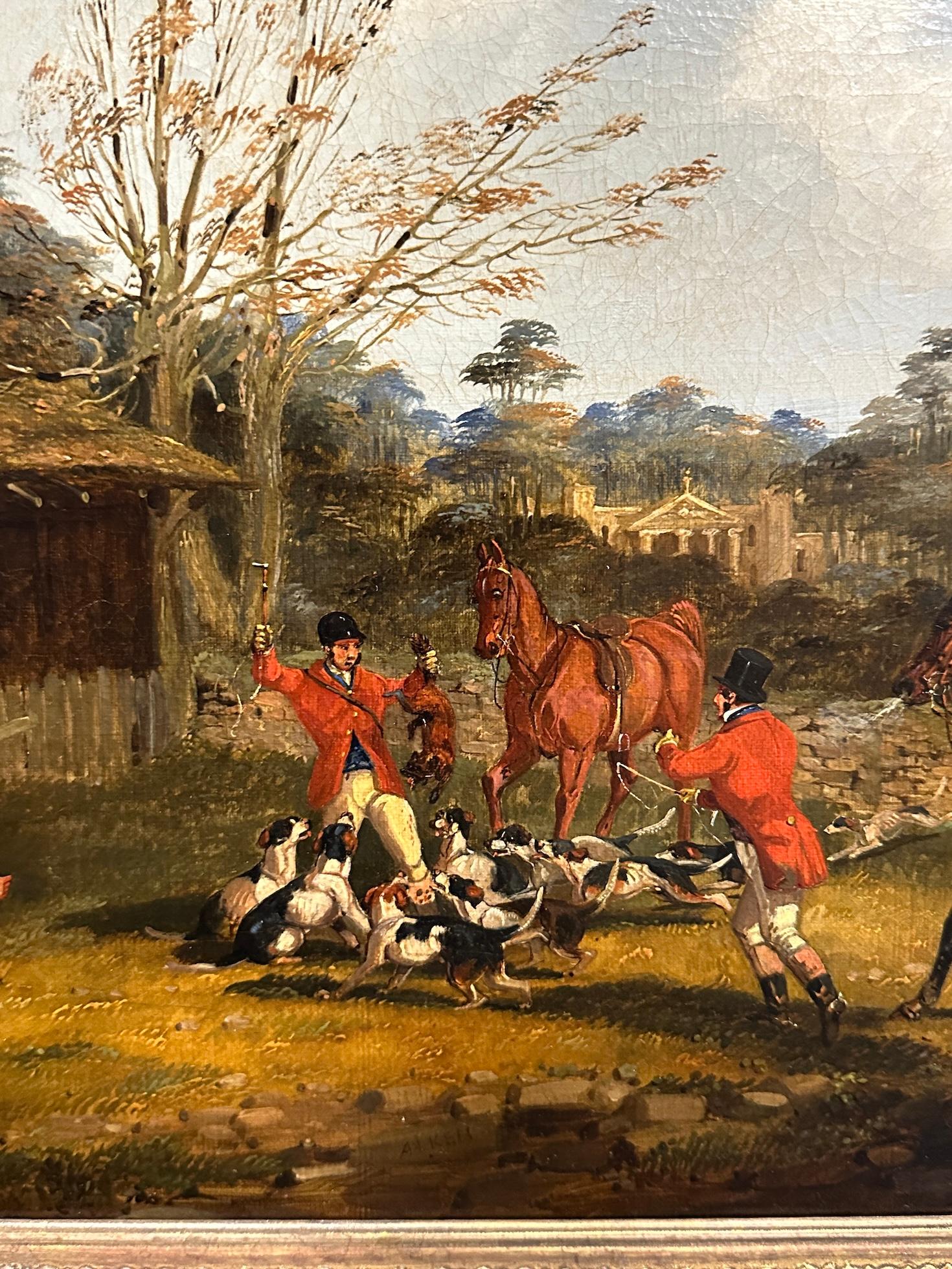 English set of 4 19th century Fox Hunting with riders, hounds in a landscape For Sale 14