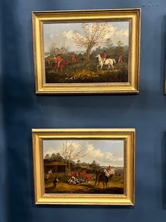 Englisches 4er-Set aus dem 19. Jahrhundert Fuchsjagd mit Reitern, Hunden in einer Landschaft