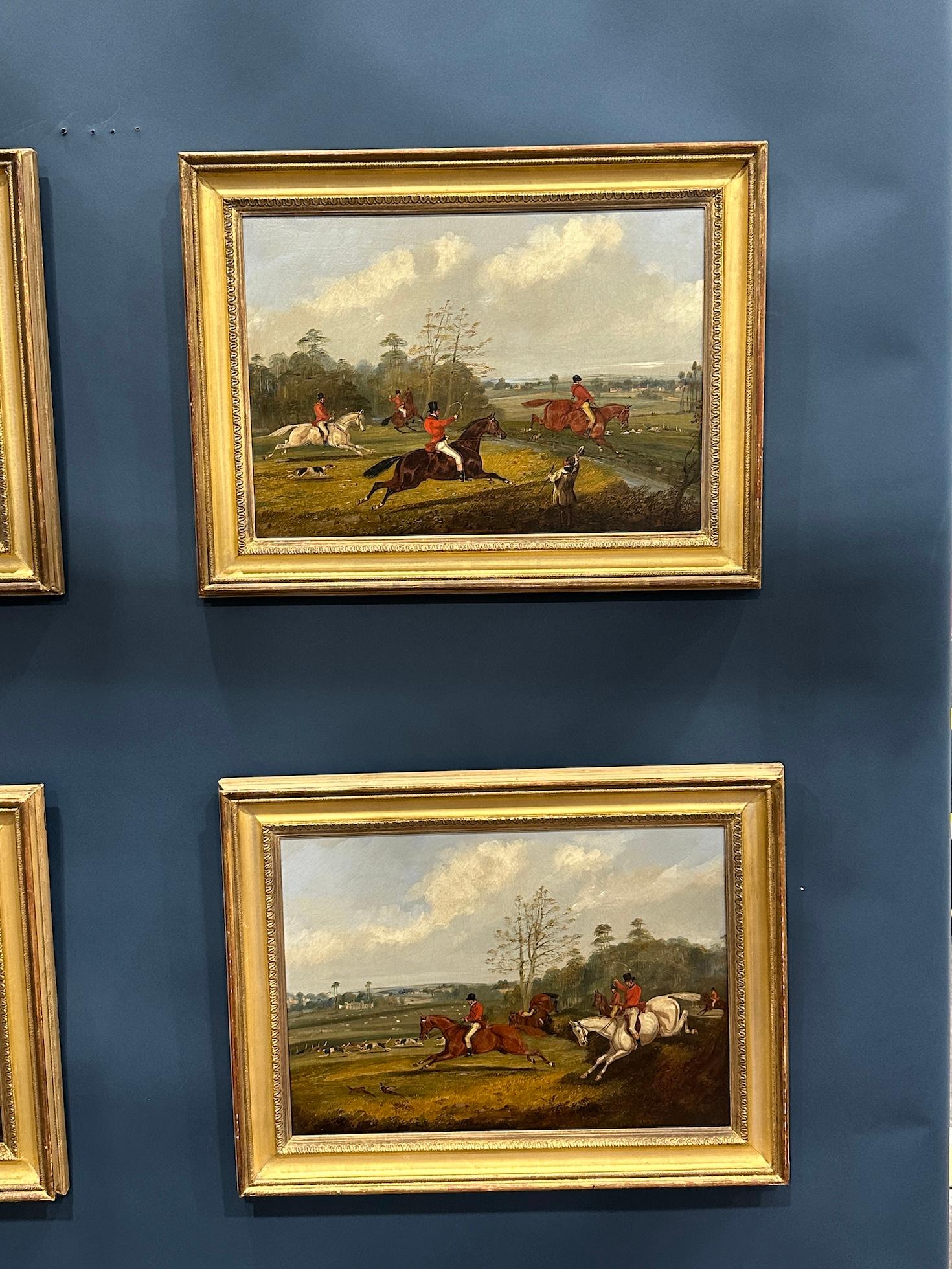 English set of 4 19th century Fox Hunting with riders, hounds in a landscape - Victorian Painting by Samuel Henry Alken