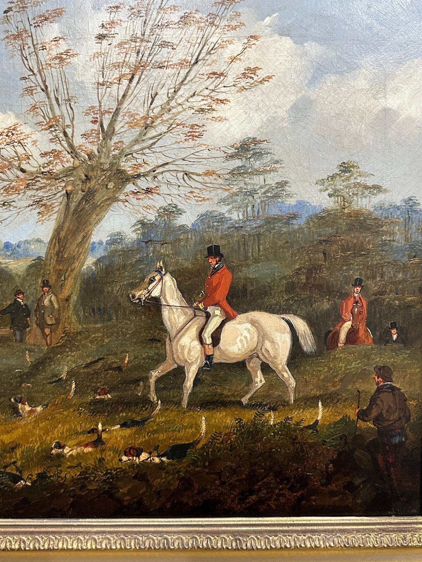 English set of 4 19th century Fox Hunting with riders, hounds in a landscape For Sale 1