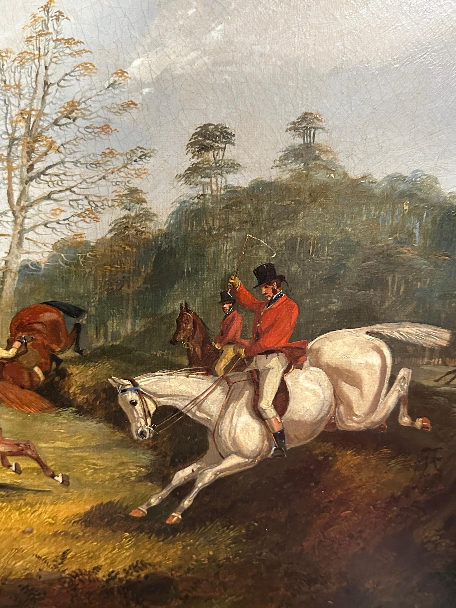 English set of 4 19th century Fox Hunting with riders, hounds in a landscape For Sale 4