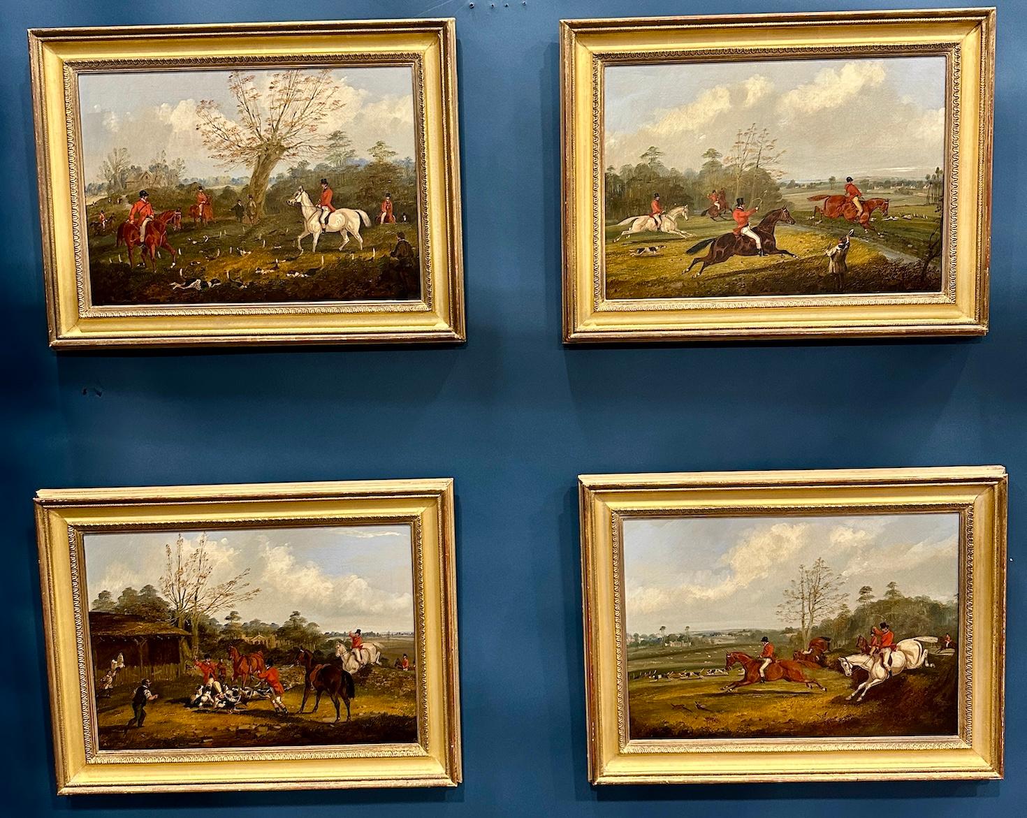 English set of 4 19th century Fox Hunting with riders, hounds in a landscape
