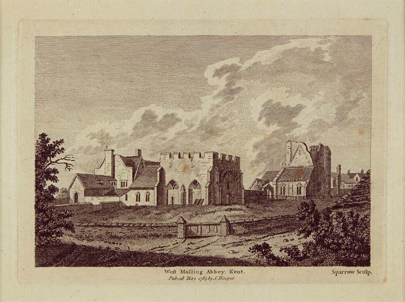 Landscape Print Samuel Hooper - Trame Malling Abbey, Kent. Impression ancienne